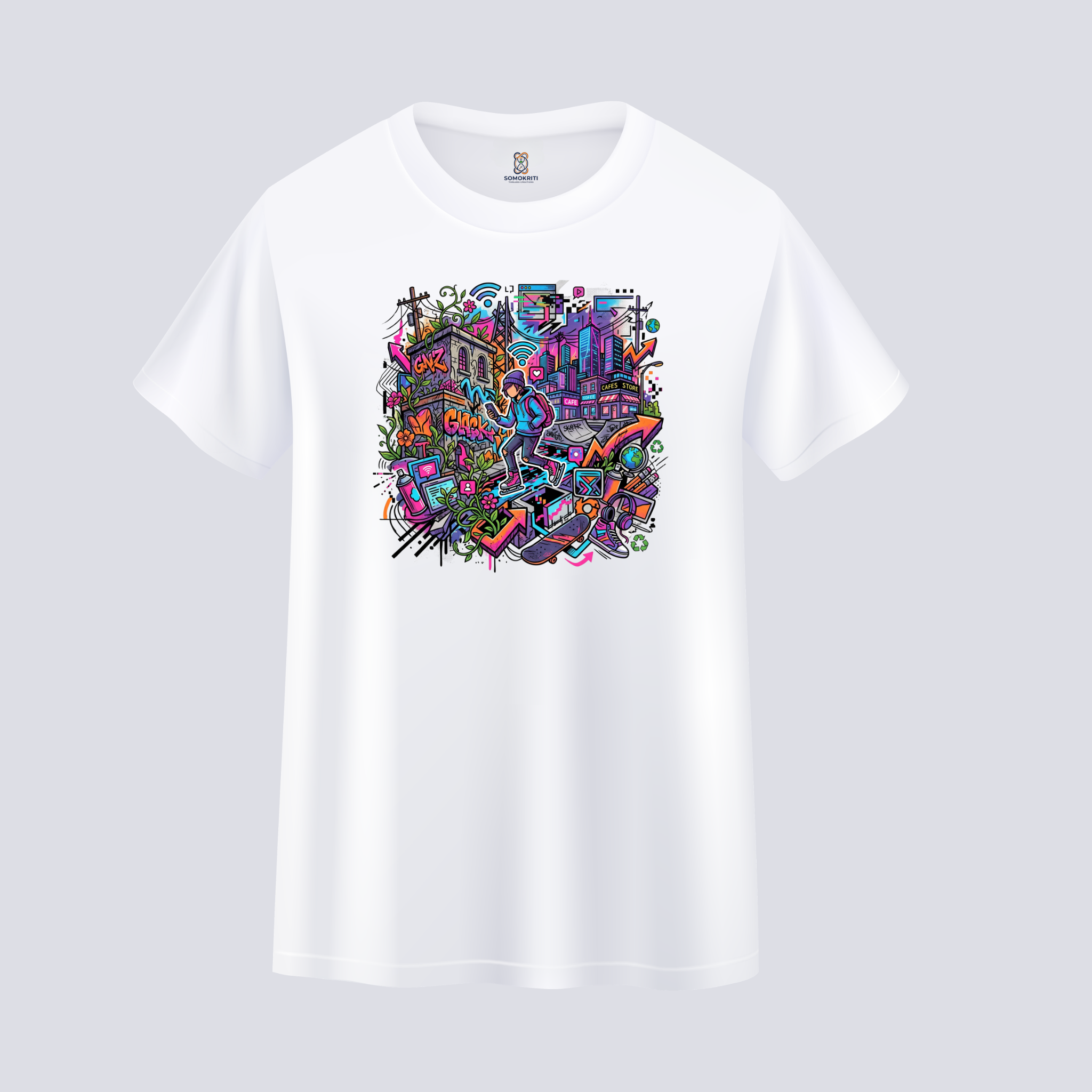Somokriti Unisex Premium Cotton Printed T-Shirt - The Cyber Street Graffiti | Regular Fit, Half Sleeve, Round Neck