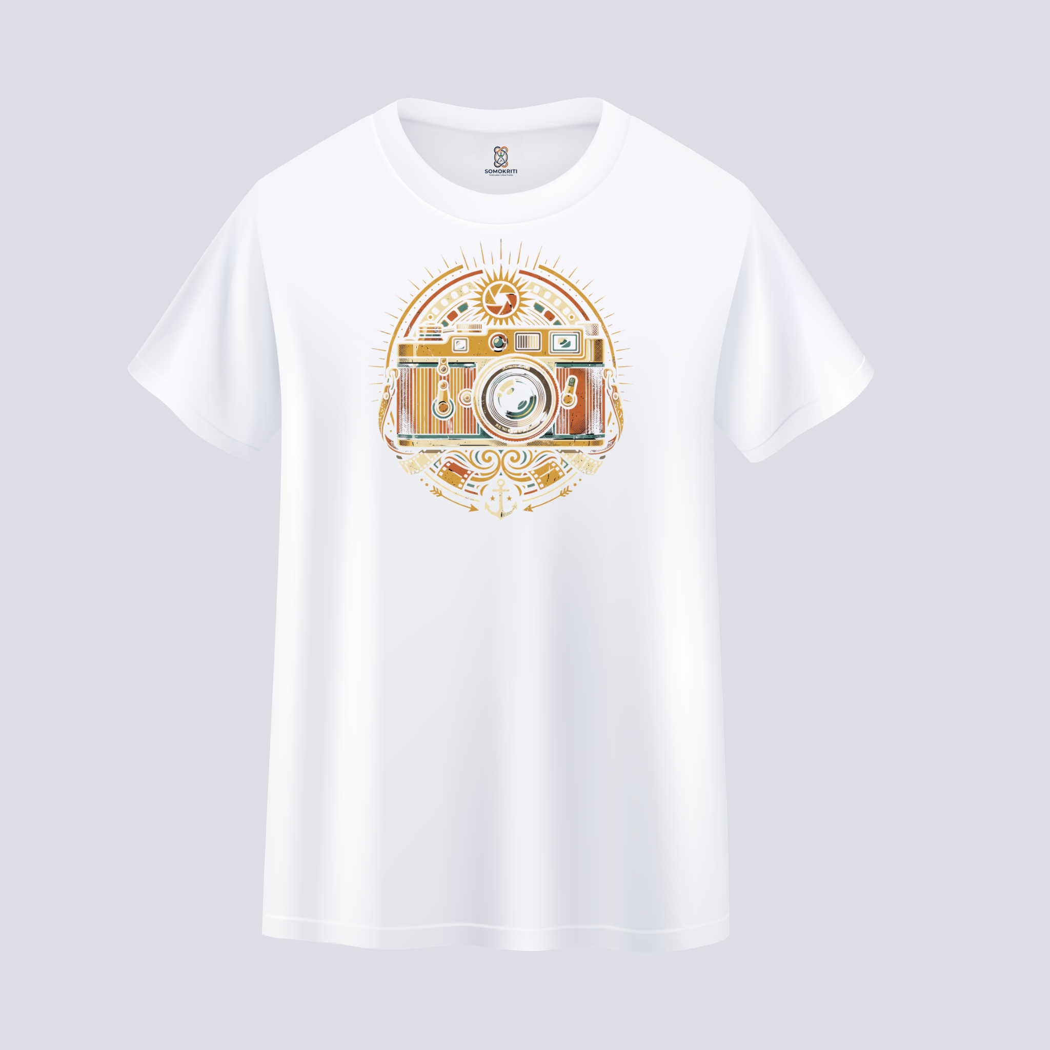 Somokriti Unisex Premium Cotton Printed T-Shirt - The Golden Lens Vintage Camera | Regular Fit, Half Sleeve, Round Neck