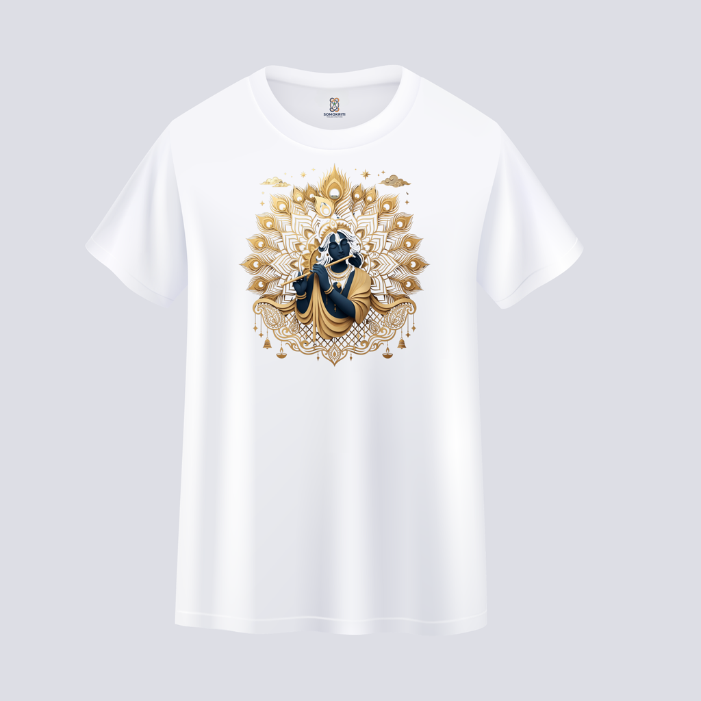 Somokriti Unisex Premium Cotton Printed T-Shirt - The Divine Melody | Golden Krishna & Peacock Aura | Regular Fit, Half Sleeve, Round Neck