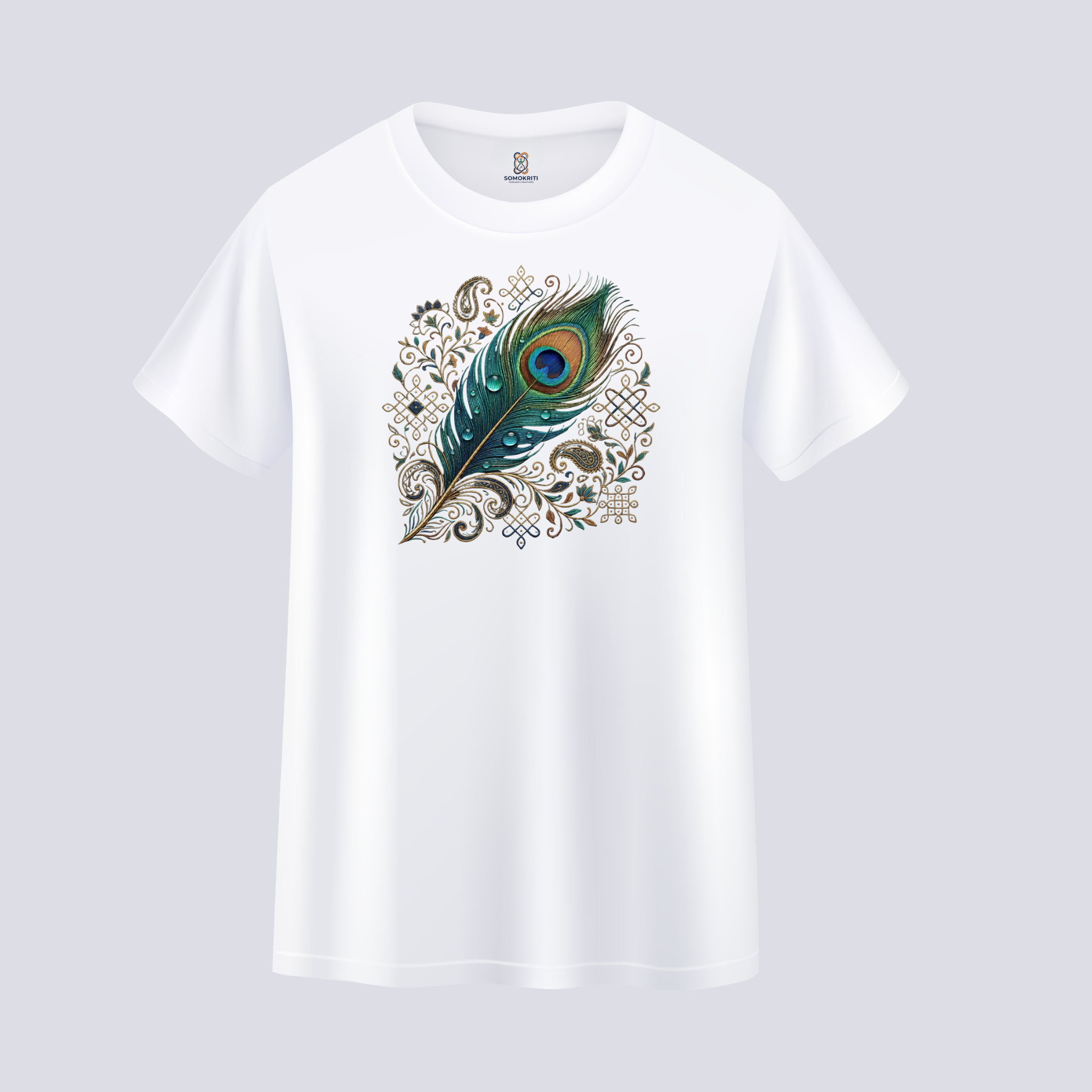 Somokriti Unisex Premium Cotton Printed T-Shirt - The Sacred Peacock Feather | Regular Fit, Half Sleeve, Round Neck