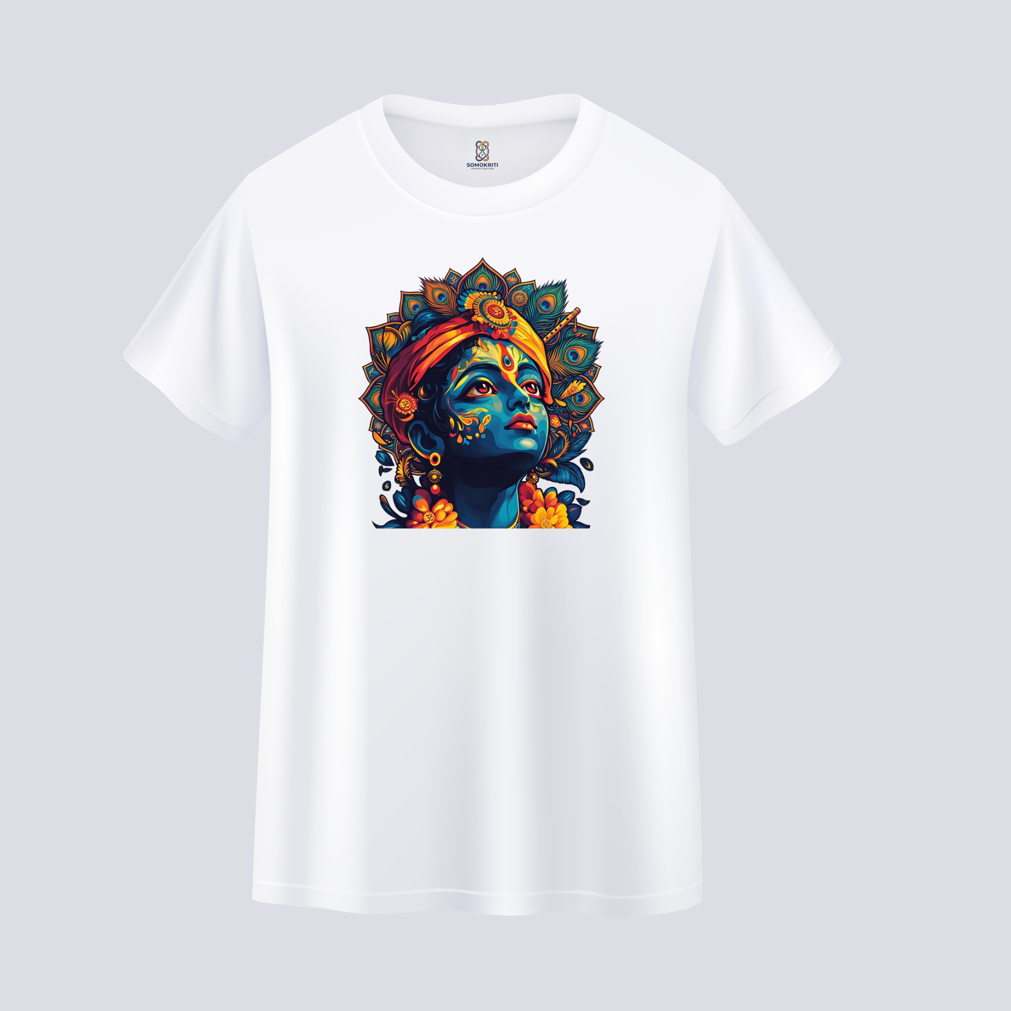Somokriti Unisex Premium Cotton Printed T-Shirt - The Eternal Charm | Bal Krishna Peacock Mandala | Regular Fit, Half Sleeve, Round Neck