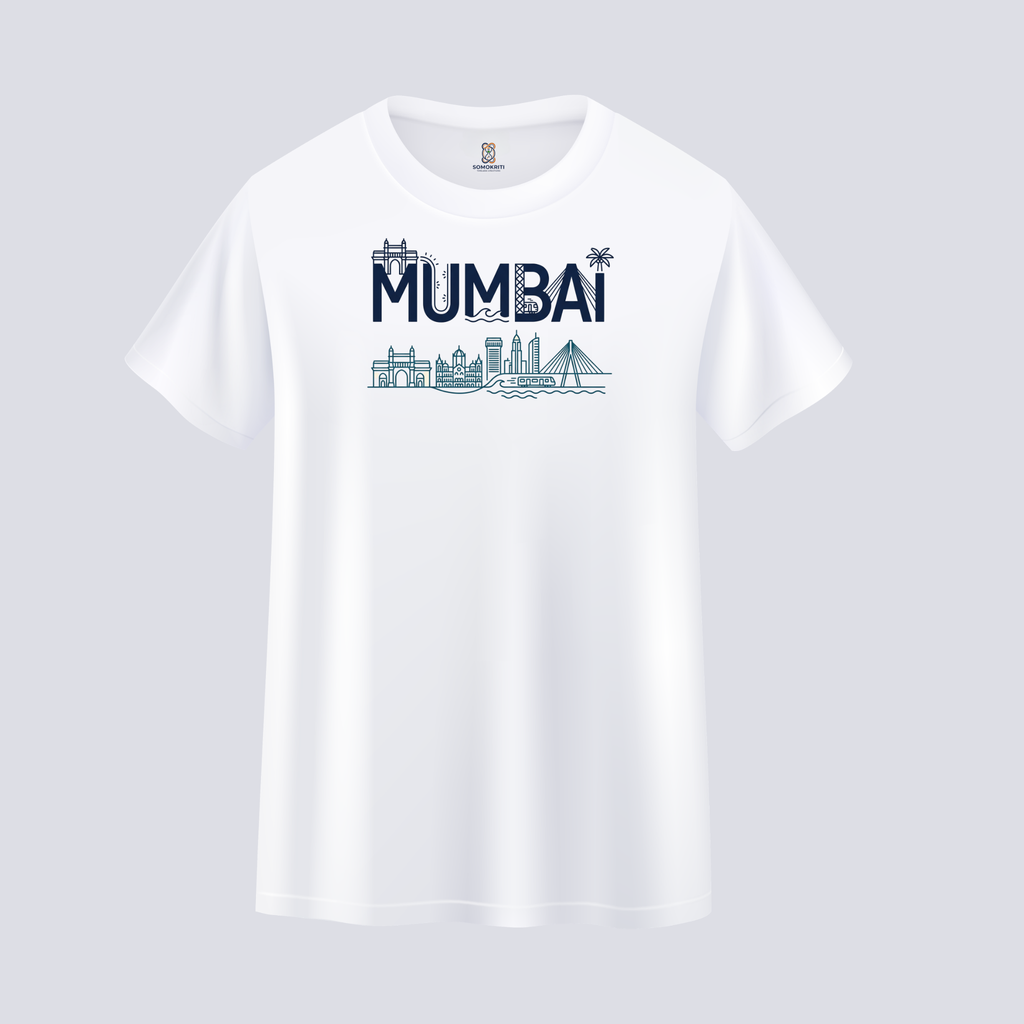 Somokriti Unisex Premium Cotton Printed T-Shirt - The Mumbai Skyline | Mumbai City | Regular Fit, Half Sleeve, Round Neck