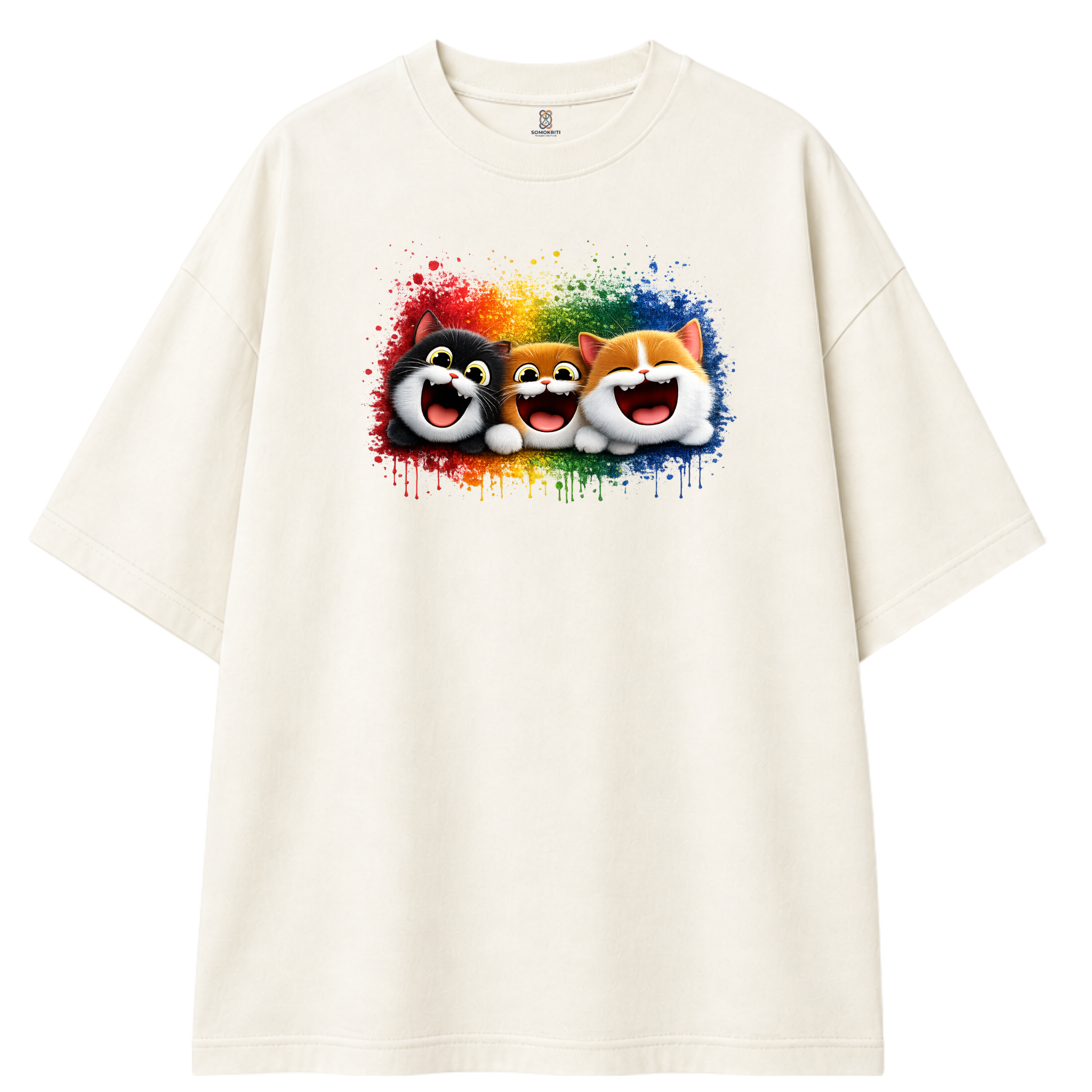 Somokriti Premium Cotton Printed T-Shirt - Happy Whiskers | Oversized Fit, Half Sleeve, Round Neck | Unisex
