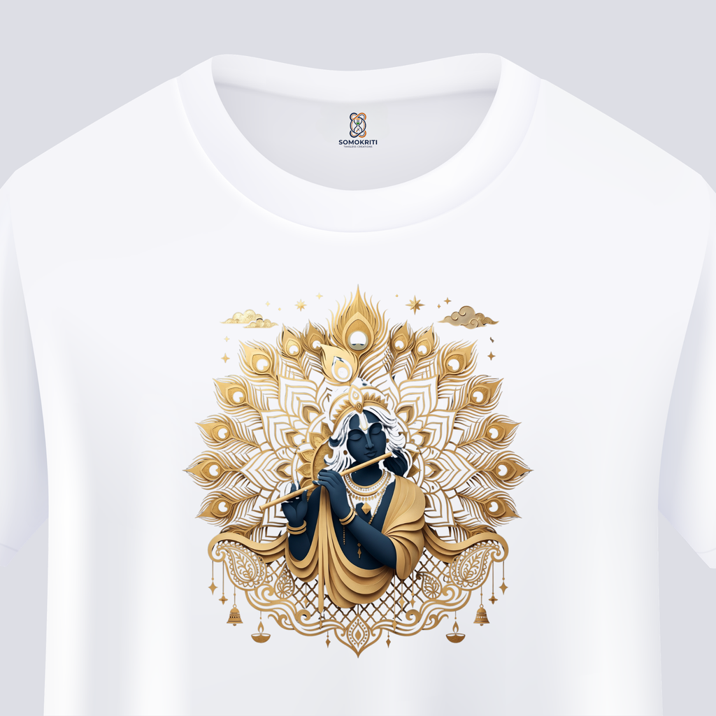 Somokriti Unisex Premium Cotton Printed T-Shirt - The Divine Melody | Golden Krishna & Peacock Aura | Regular Fit, Half Sleeve, Round Neck