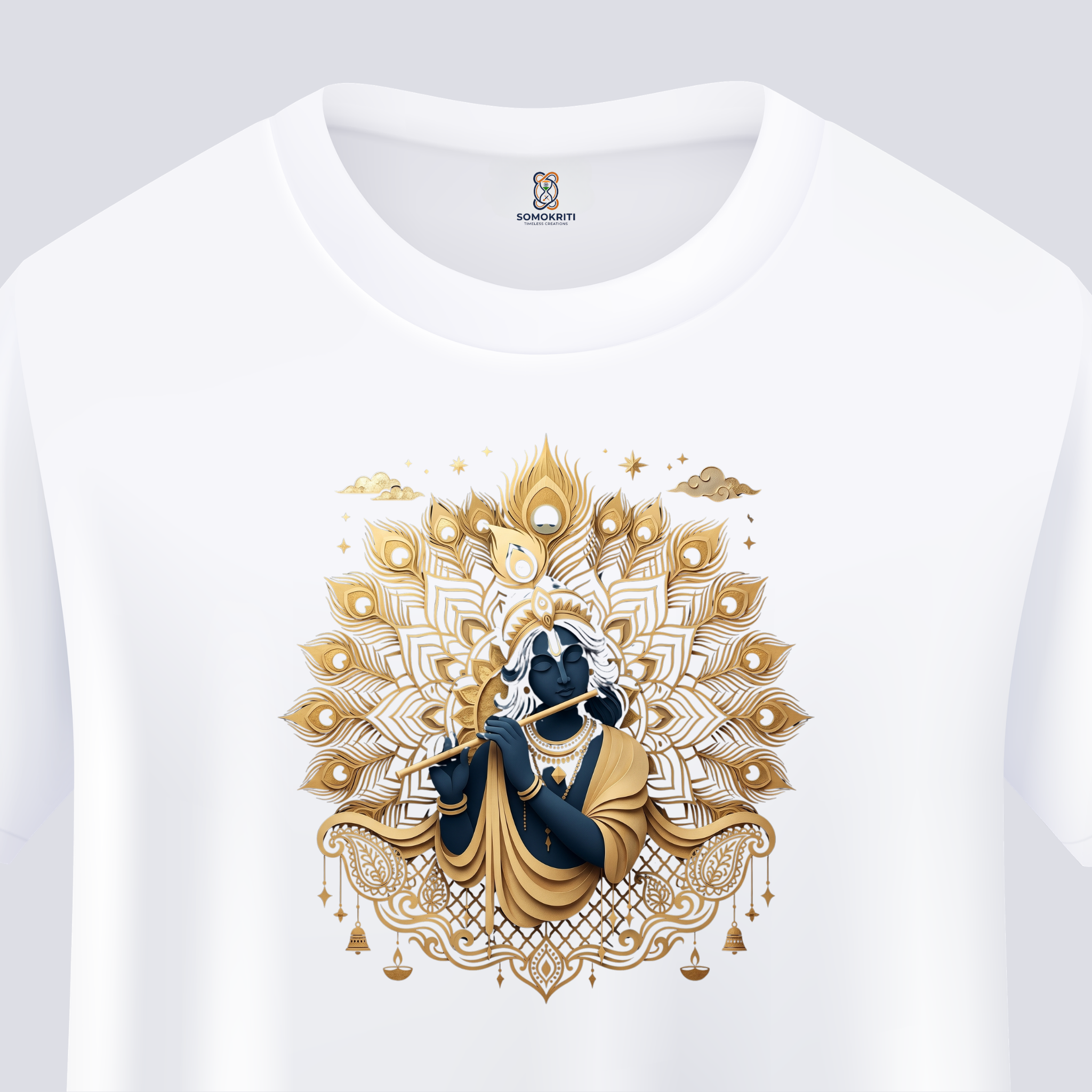 Somokriti Unisex Premium Cotton Printed T-Shirt - The Divine Melody | Golden Krishna & Peacock Aura | Regular Fit, Half Sleeve, Round Neck