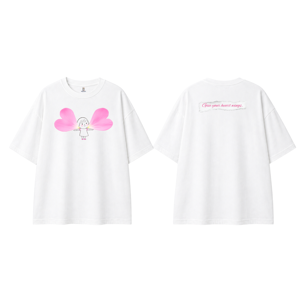 Somokriti Premium Cotton Printed T-Shirt - Heart Wings | Oversized Fit, Half Sleeve, Round Neck | Girls, Women