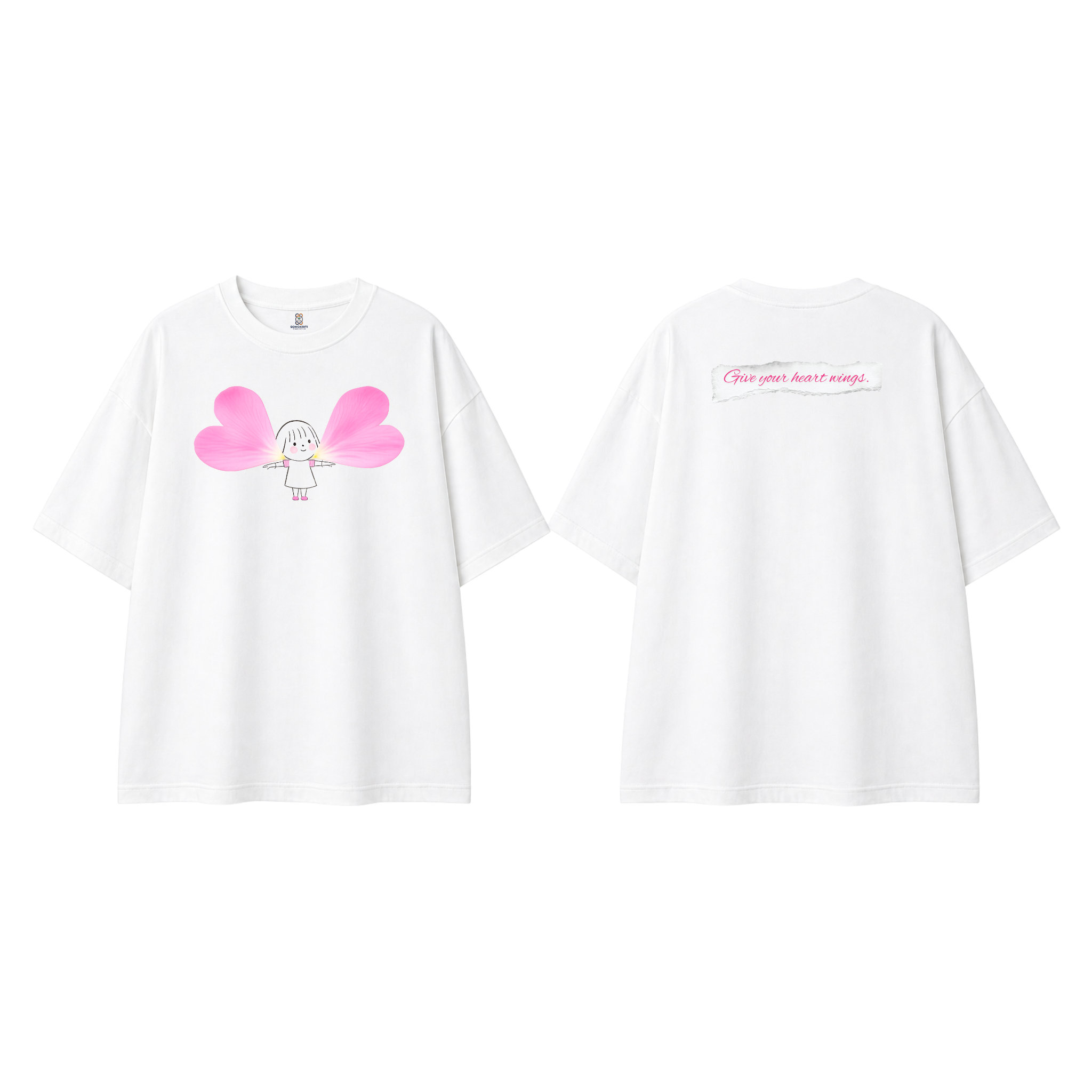 Somokriti Premium Cotton Printed T-Shirt - Heart Wings | Oversized Fit, Half Sleeve, Round Neck | Girls, Women
