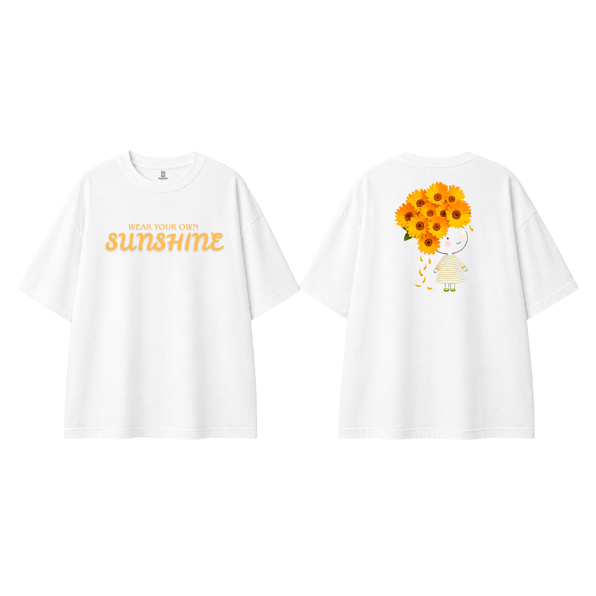 Somokriti Premium Cotton Printed T-Shirt - Sunshine Bloom | Oversized Fit, Half Sleeve, Round Neck | Girls, Women