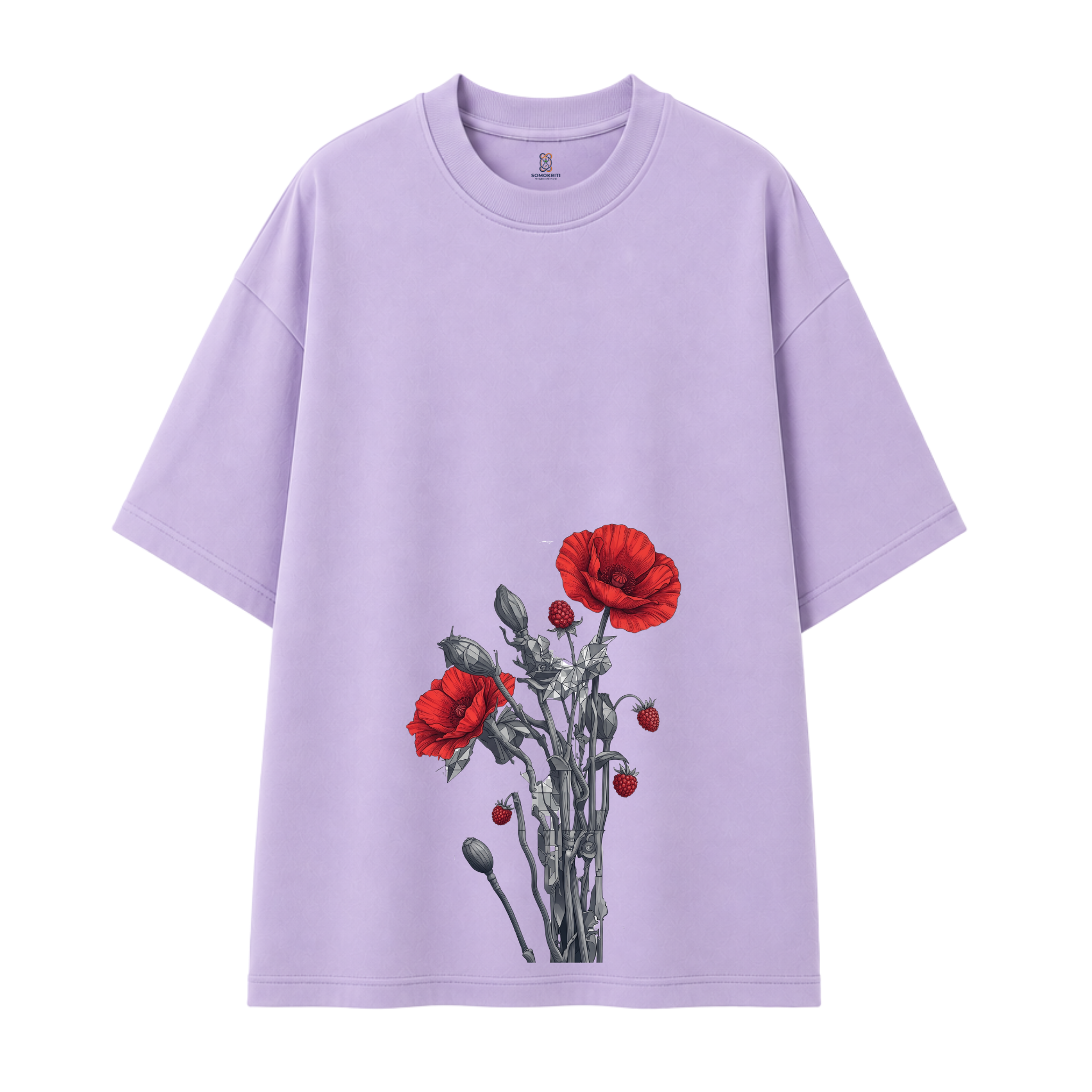Somokriti Premium Cotton Printed T-Shirt - Crimson Bloom | Oversized Fit, Half Sleeve, Round Neck | Unisex