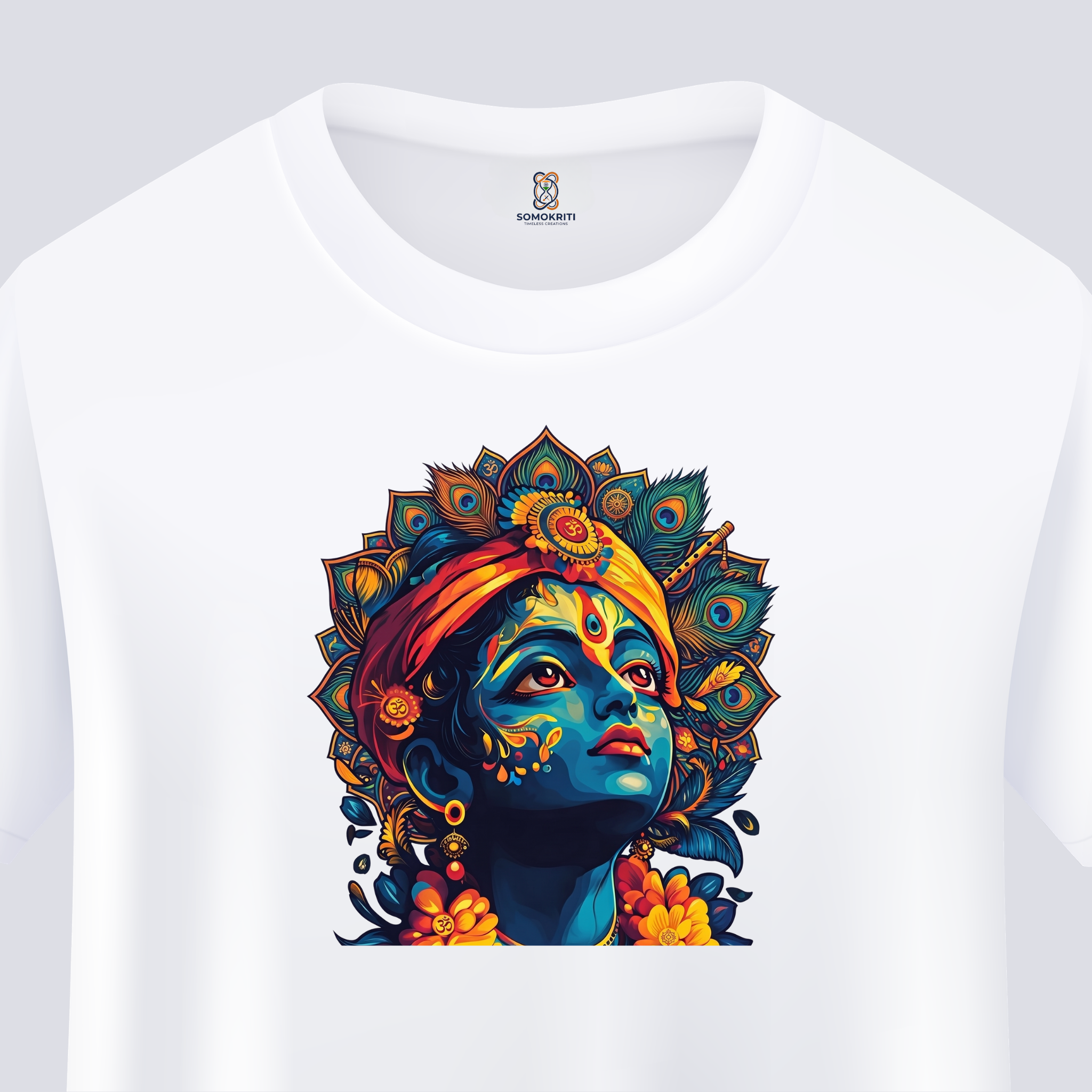 Somokriti Unisex Premium Cotton Printed T-Shirt - The Eternal Charm | Bal Krishna Peacock Mandala | Regular Fit, Half Sleeve, Round Neck