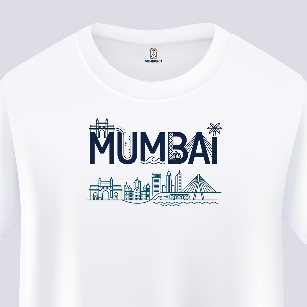 Somokriti Unisex Premium Cotton Printed T-Shirt - The Mumbai Skyline | Mumbai City | Regular Fit, Half Sleeve, Round Neck