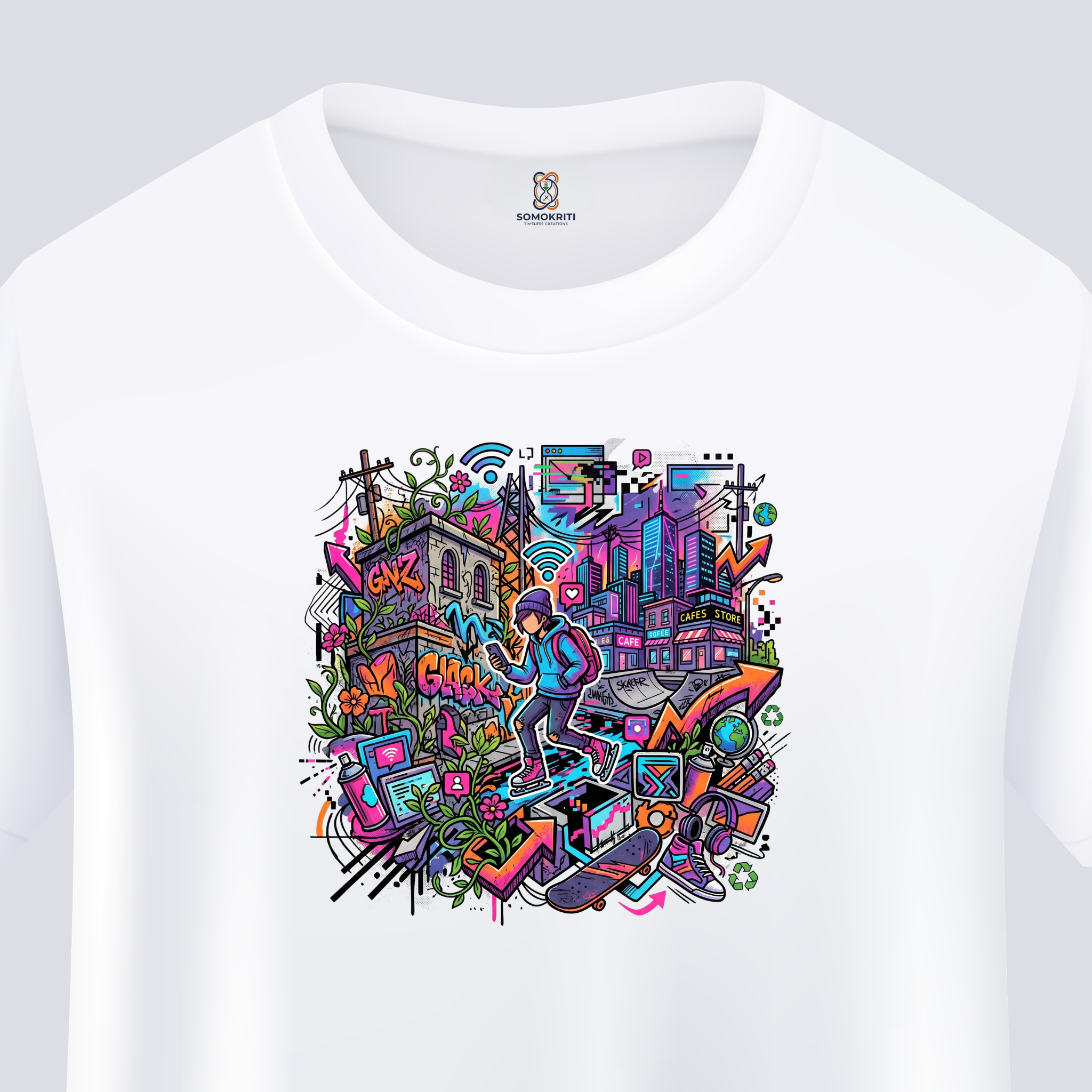 Somokriti Unisex Premium Cotton Printed T-Shirt - The Cyber Street Graffiti | Regular Fit, Half Sleeve, Round Neck
