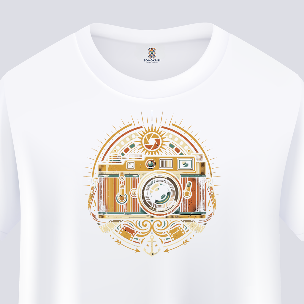 Somokriti Unisex Premium Cotton Printed T-Shirt - The Golden Lens Vintage Camera | Regular Fit, Half Sleeve, Round Neck
