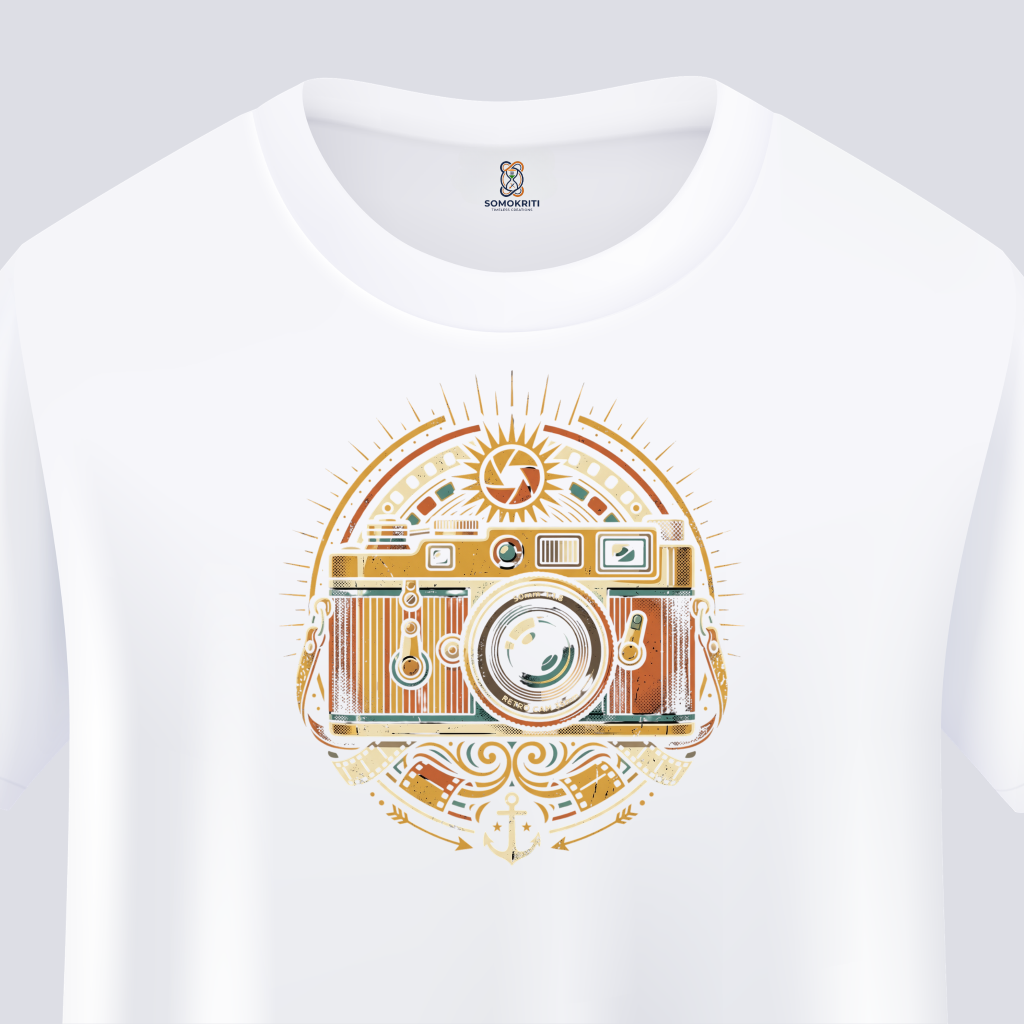 Somokriti Unisex Premium Cotton Printed T-Shirt - The Golden Lens Vintage Camera | Regular Fit, Half Sleeve, Round Neck