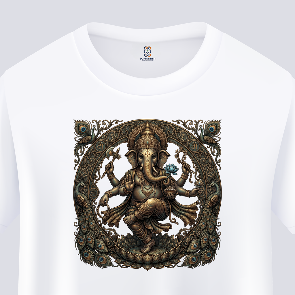 Somokriti Unisex Premium Cotton Printed T-Shirt - The Eternal Ganesha | Dancing Vinayaka Antique Filigree | Regular Fit, Half Sleeve, Round Neck