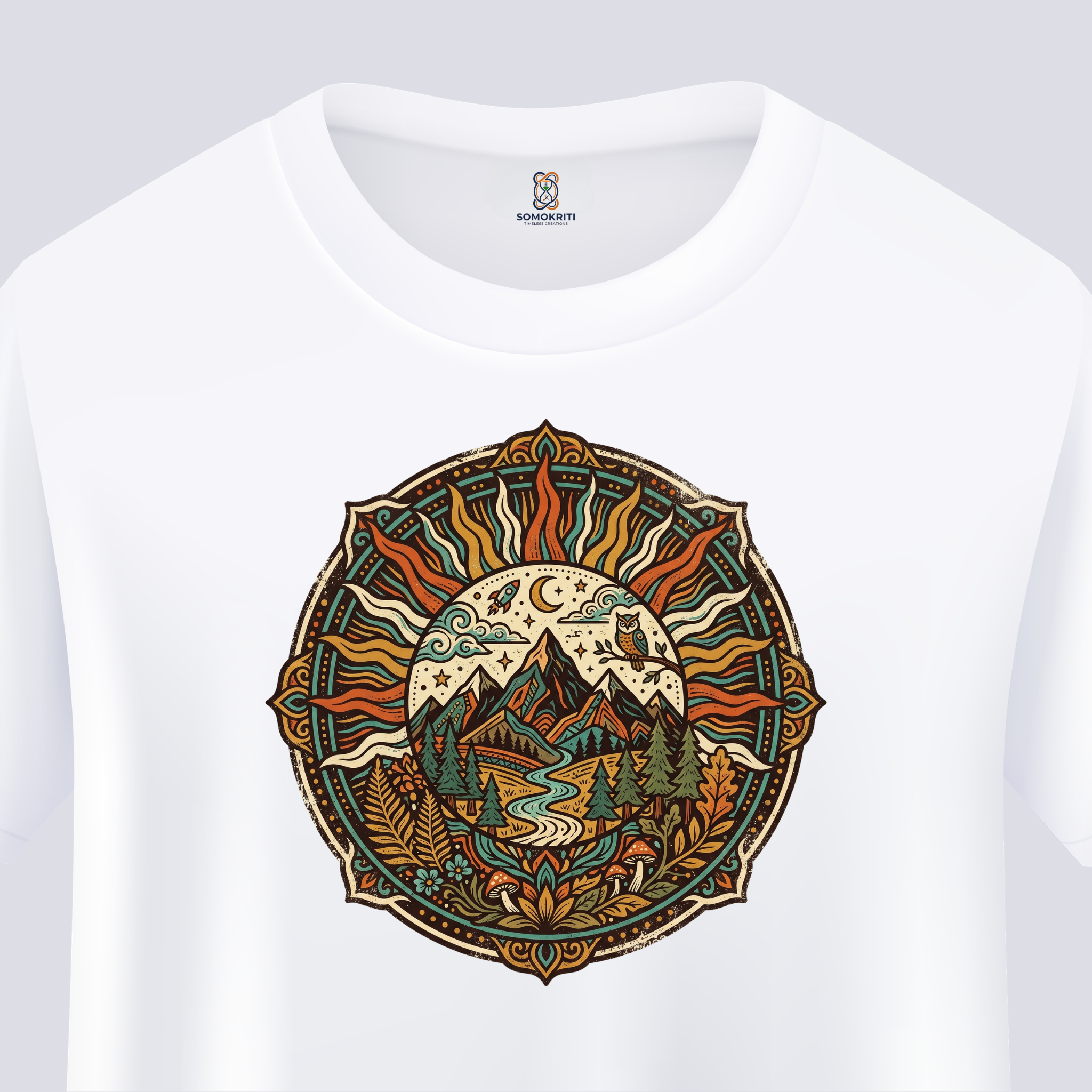 Somokriti Unisex Premium Cotton Printed T-Shirt - The Solar Mountain Mandala | Regular Fit, Half Sleeve, Round Neck