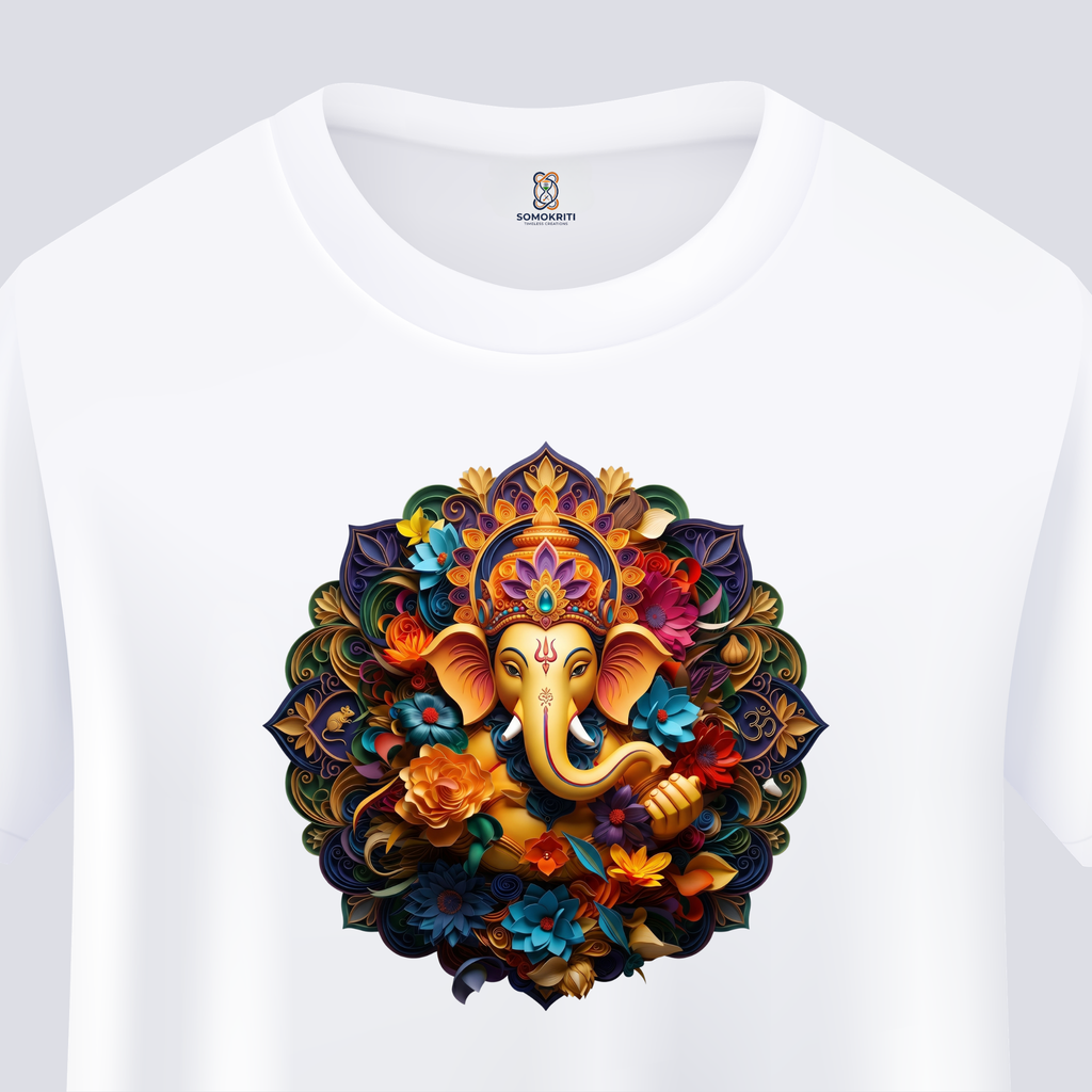 Somokriti Unisex Premium Cotton Printed T-Shirt - The Ganesha Floral Paper Quilled | Regular Fit, Half Sleeve, Round Neck