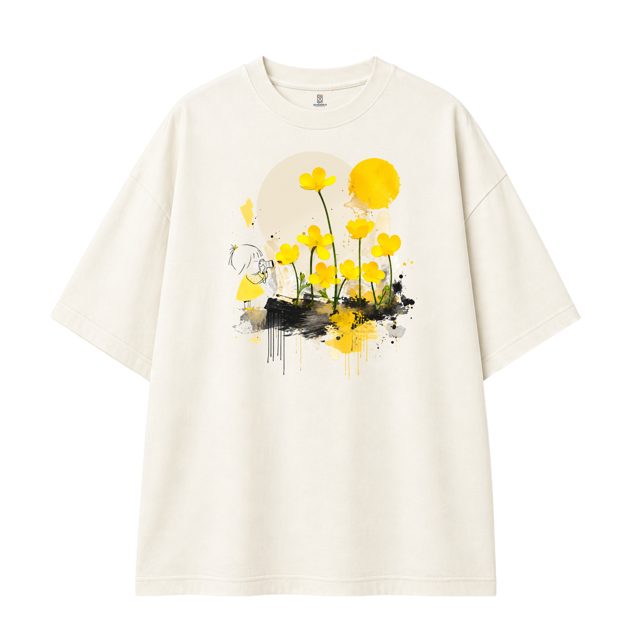 Somokriti Premium Cotton Printed T-Shirt - Golden Focus | Oversized Fit, Half Sleeve, Round Neck | Girls, Women