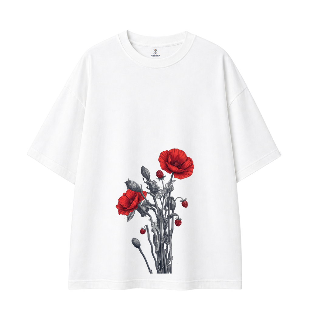 Somokriti Premium Cotton Printed T-Shirt - Crimson Bloom | Oversized Fit, Half Sleeve, Round Neck | Unisex