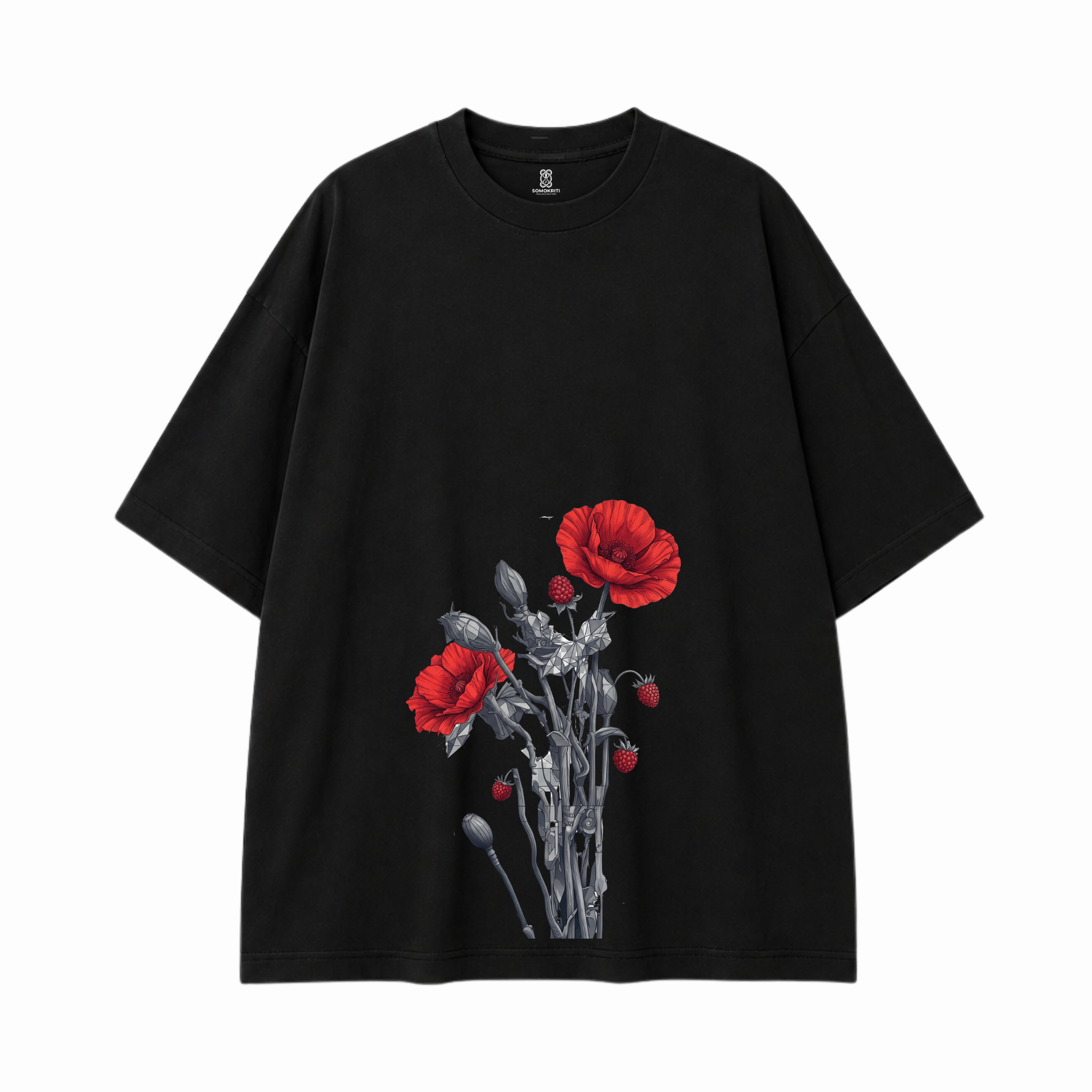 Somokriti Premium Cotton Printed T-Shirt - Crimson Bloom | Oversized Fit, Half Sleeve, Round Neck | Unisex