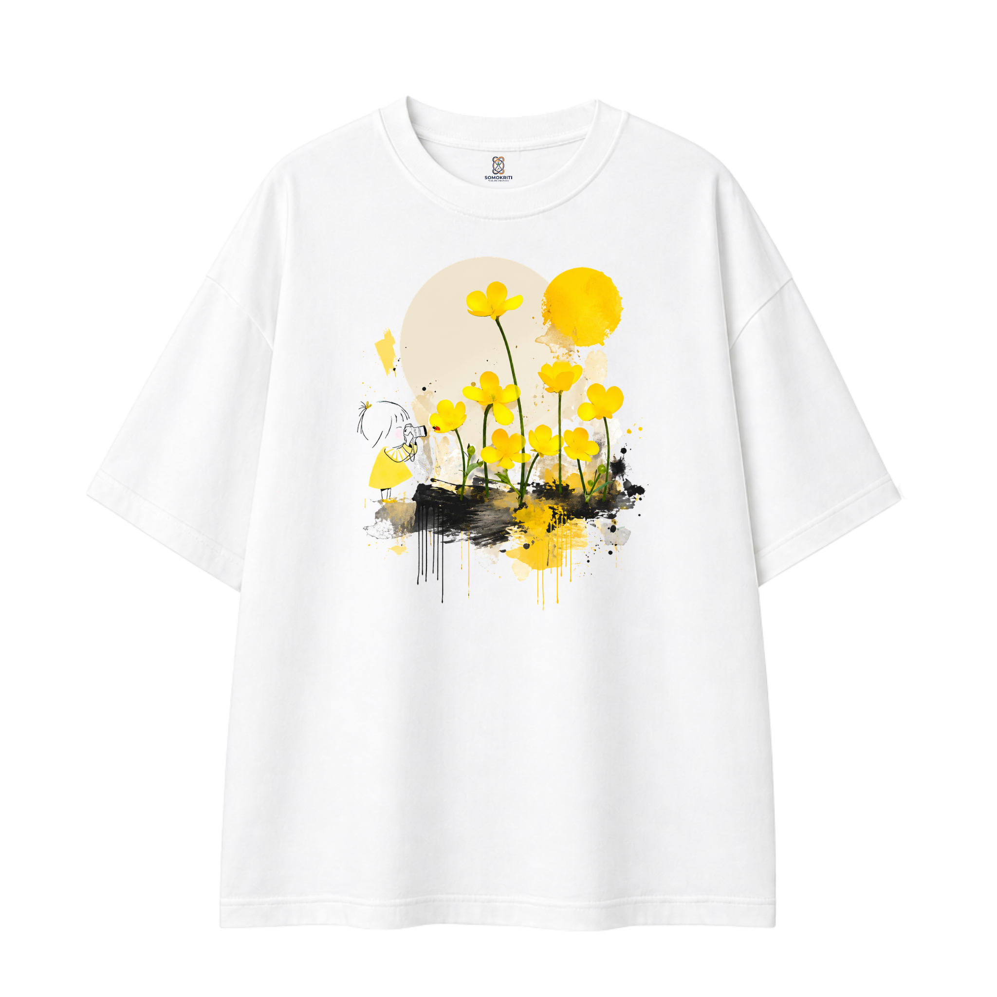 Somokriti Premium Cotton Printed T-Shirt - Golden Focus | Oversized Fit, Half Sleeve, Round Neck | Girls, Women
