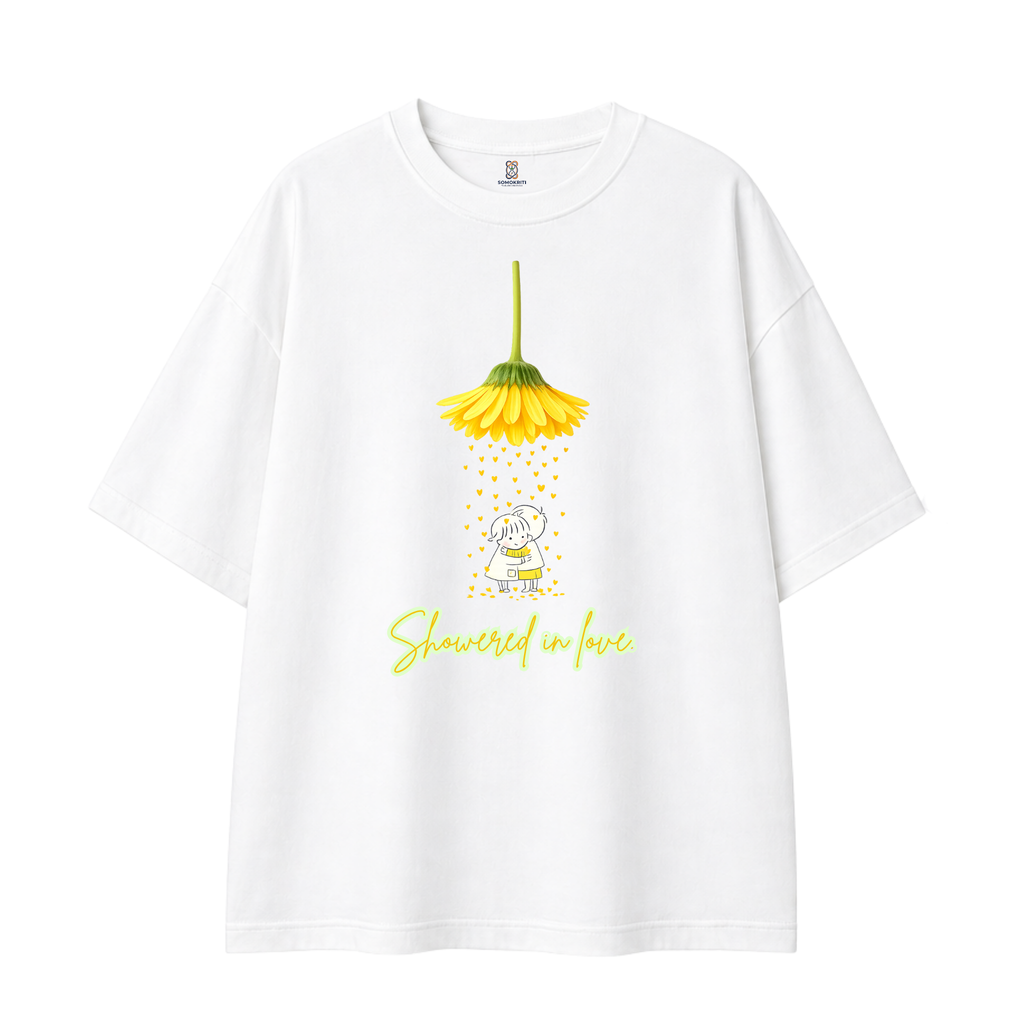 Somokriti Premium Cotton Printed T-Shirt - Showered in Love | Oversized Fit, Half Sleeve, Round Neck | Girls, Women