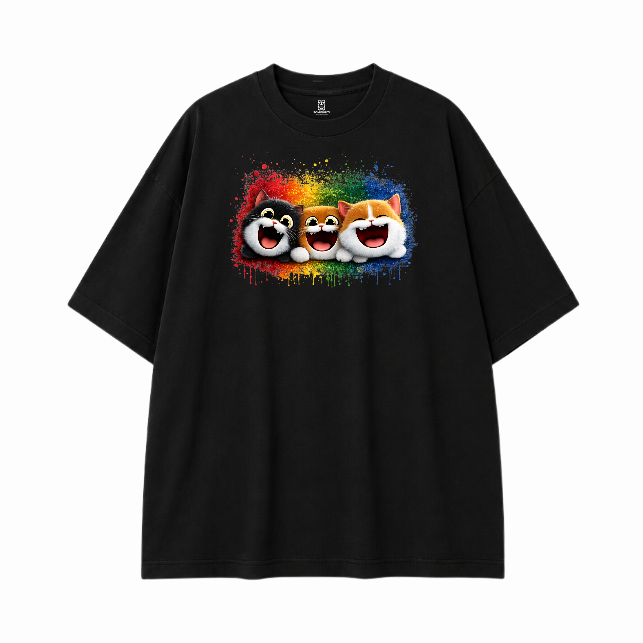 Somokriti Premium Cotton Printed T-Shirt - Happy Whiskers | Oversized Fit, Half Sleeve, Round Neck | Unisex