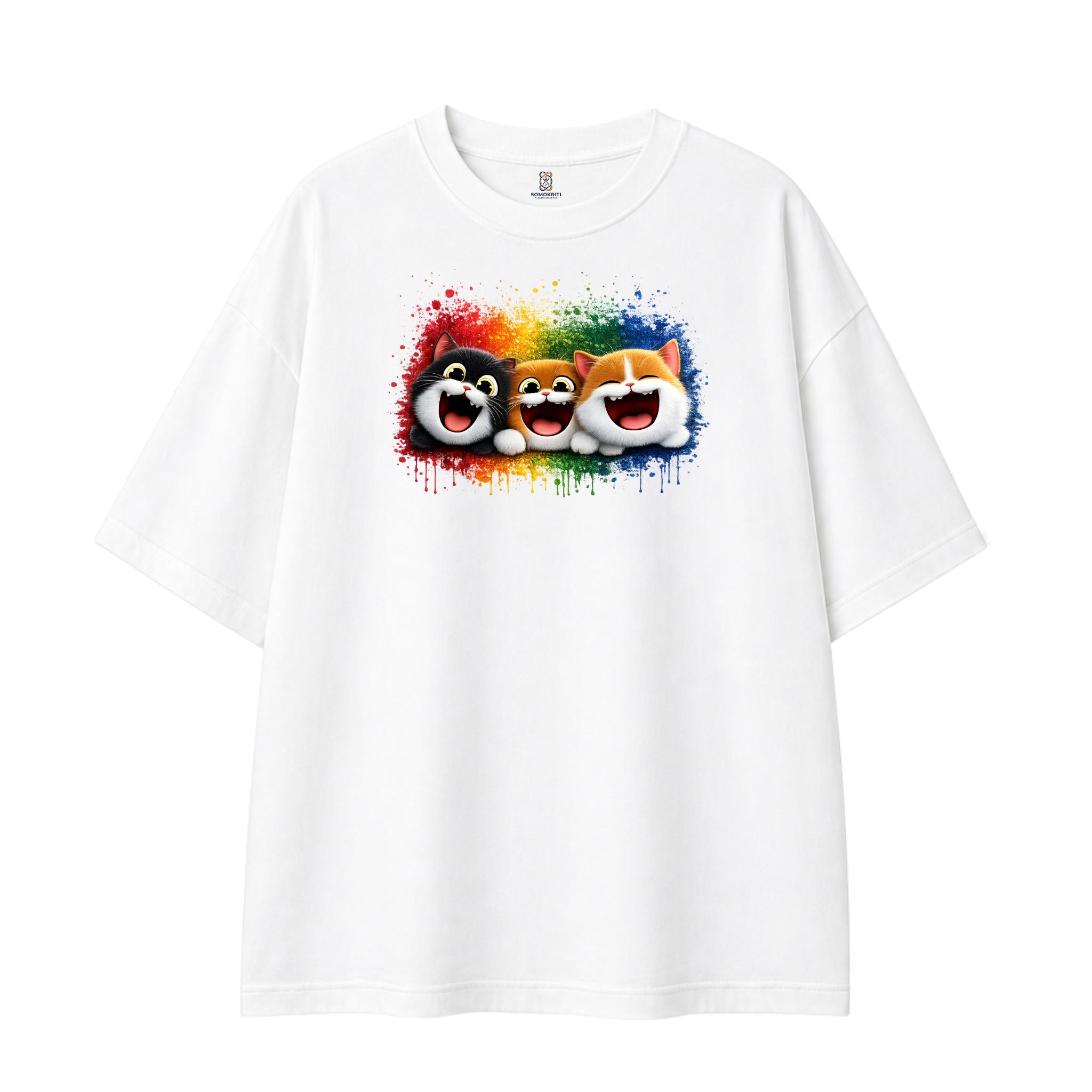 Somokriti Premium Cotton Printed T-Shirt - Happy Whiskers | Oversized Fit, Half Sleeve, Round Neck | Unisex