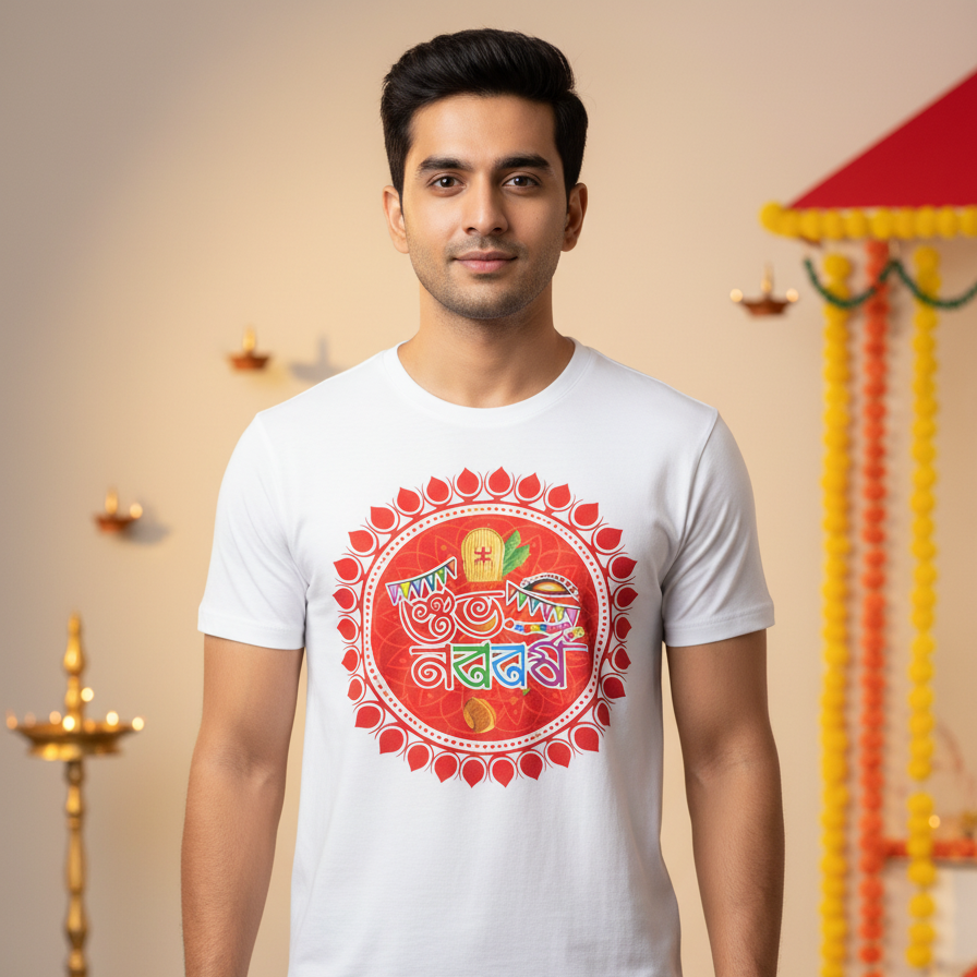Somokriti Unisex Premium Cotton Printed T-Shirt - Nabo Barsho Creation | Regular Fit, Half Sleeve, Round Neck