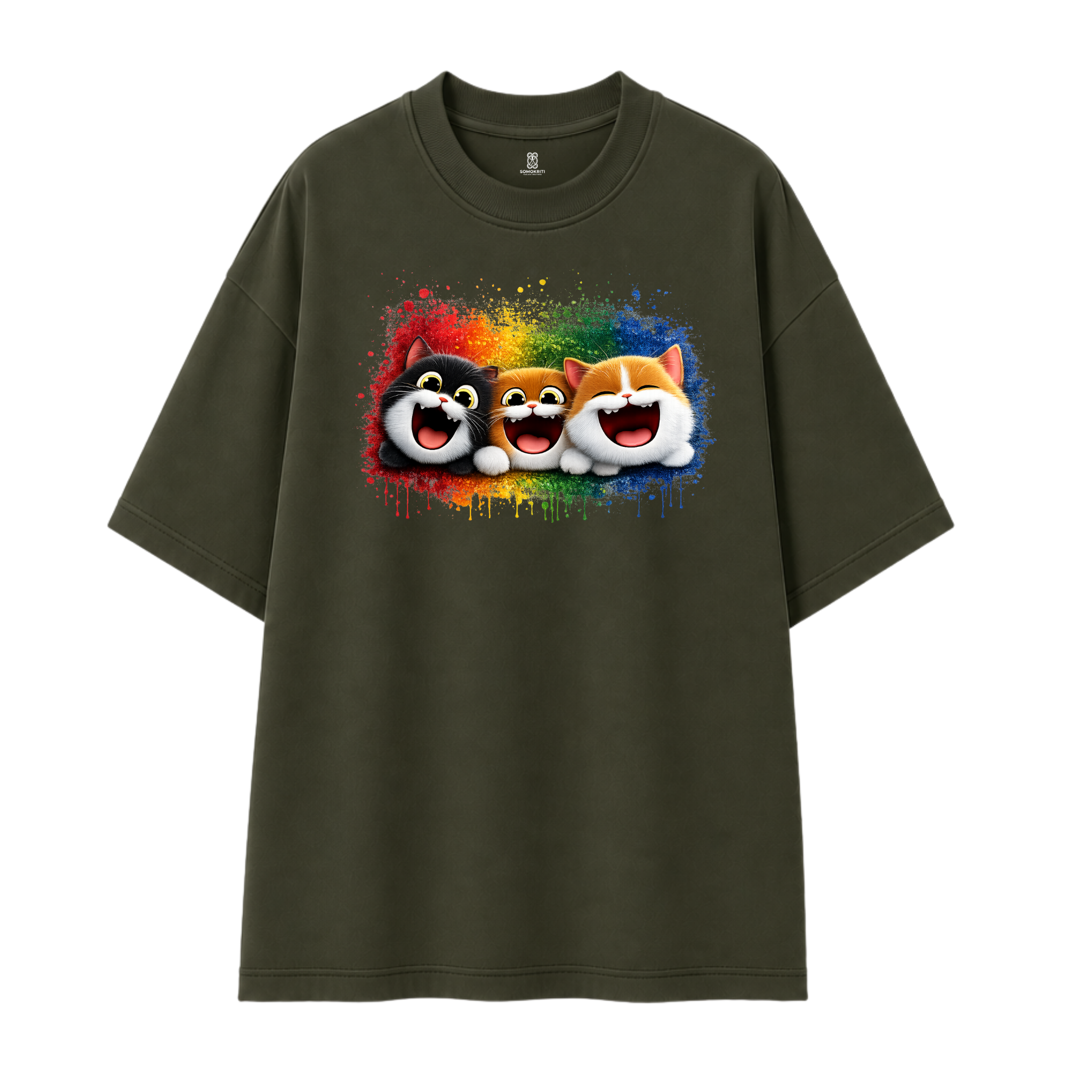 Somokriti Premium Cotton Printed T-Shirt - Happy Whiskers | Oversized Fit, Half Sleeve, Round Neck | Unisex