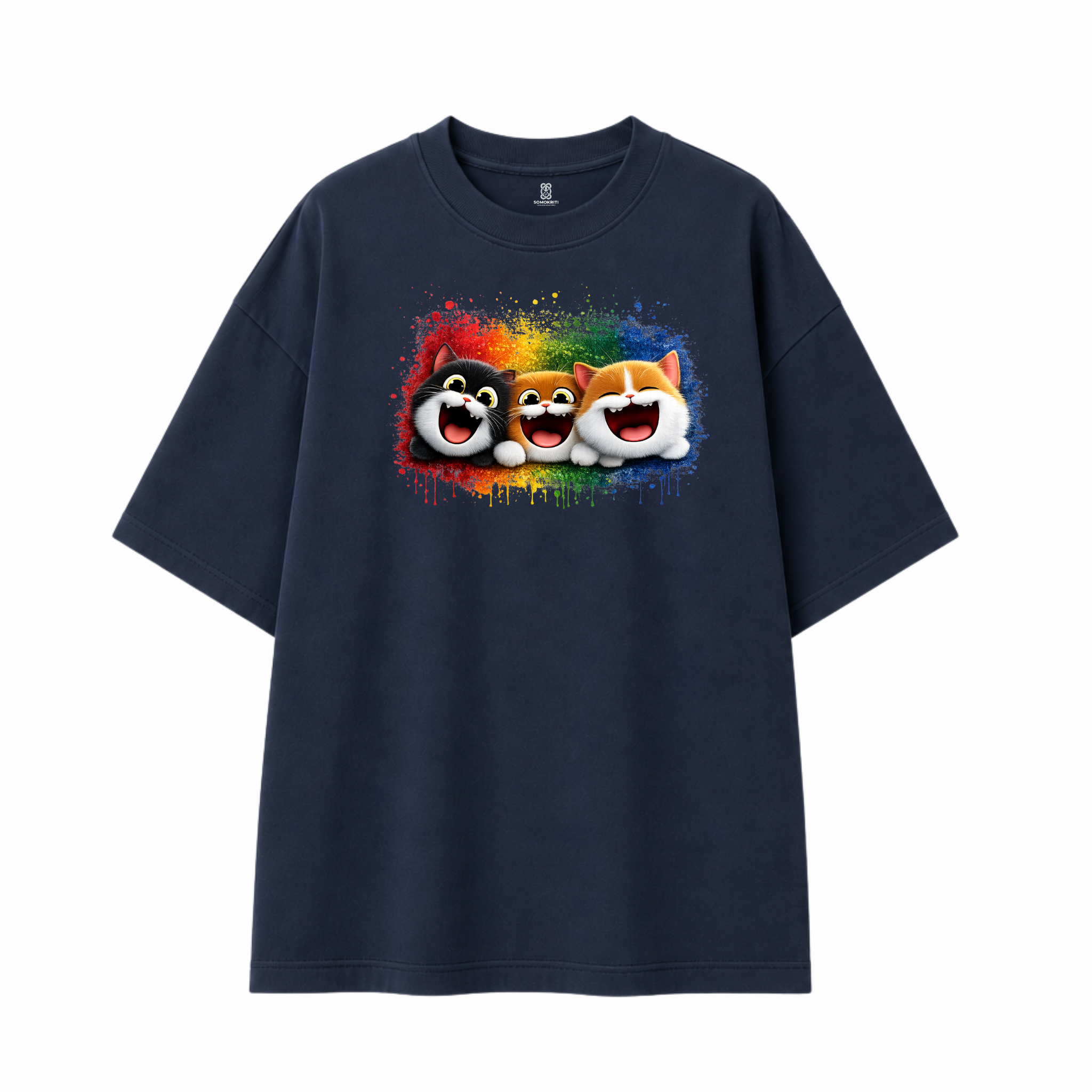 Somokriti Premium Cotton Printed T-Shirt - Happy Whiskers | Oversized Fit, Half Sleeve, Round Neck | Unisex