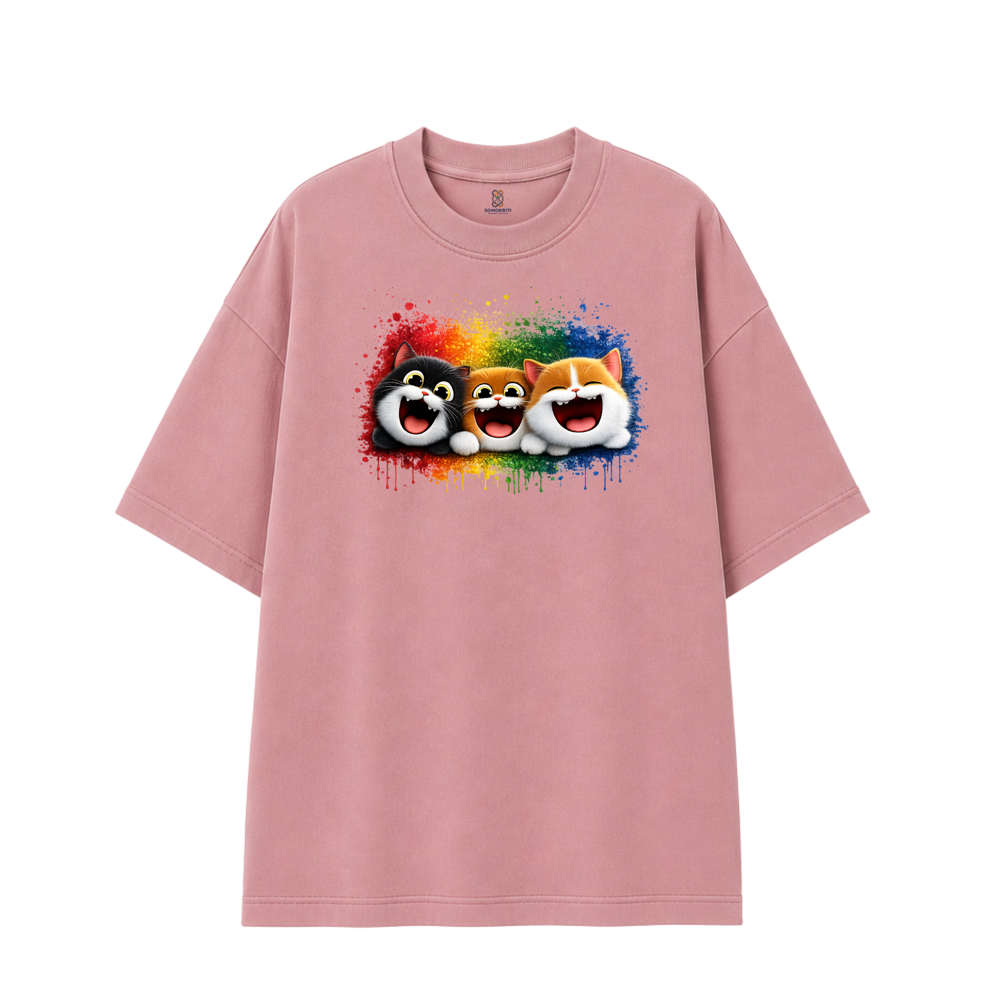 Somokriti Premium Cotton Printed T-Shirt - Happy Whiskers | Oversized Fit, Half Sleeve, Round Neck | Unisex
