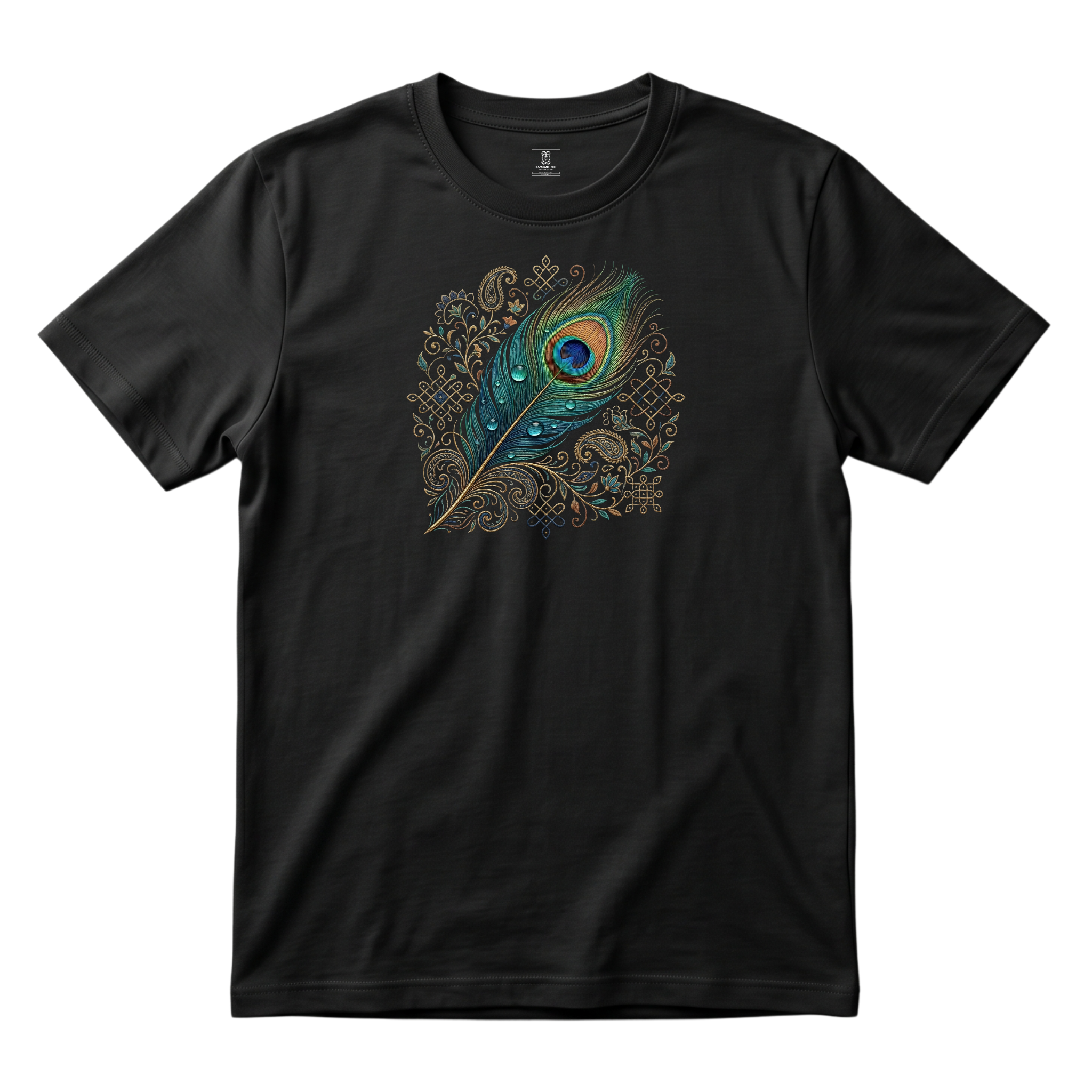 Somokriti Unisex Premium Cotton Printed T-Shirt - The Sacred Peacock Feather | Regular Fit, Half Sleeve, Round Neck