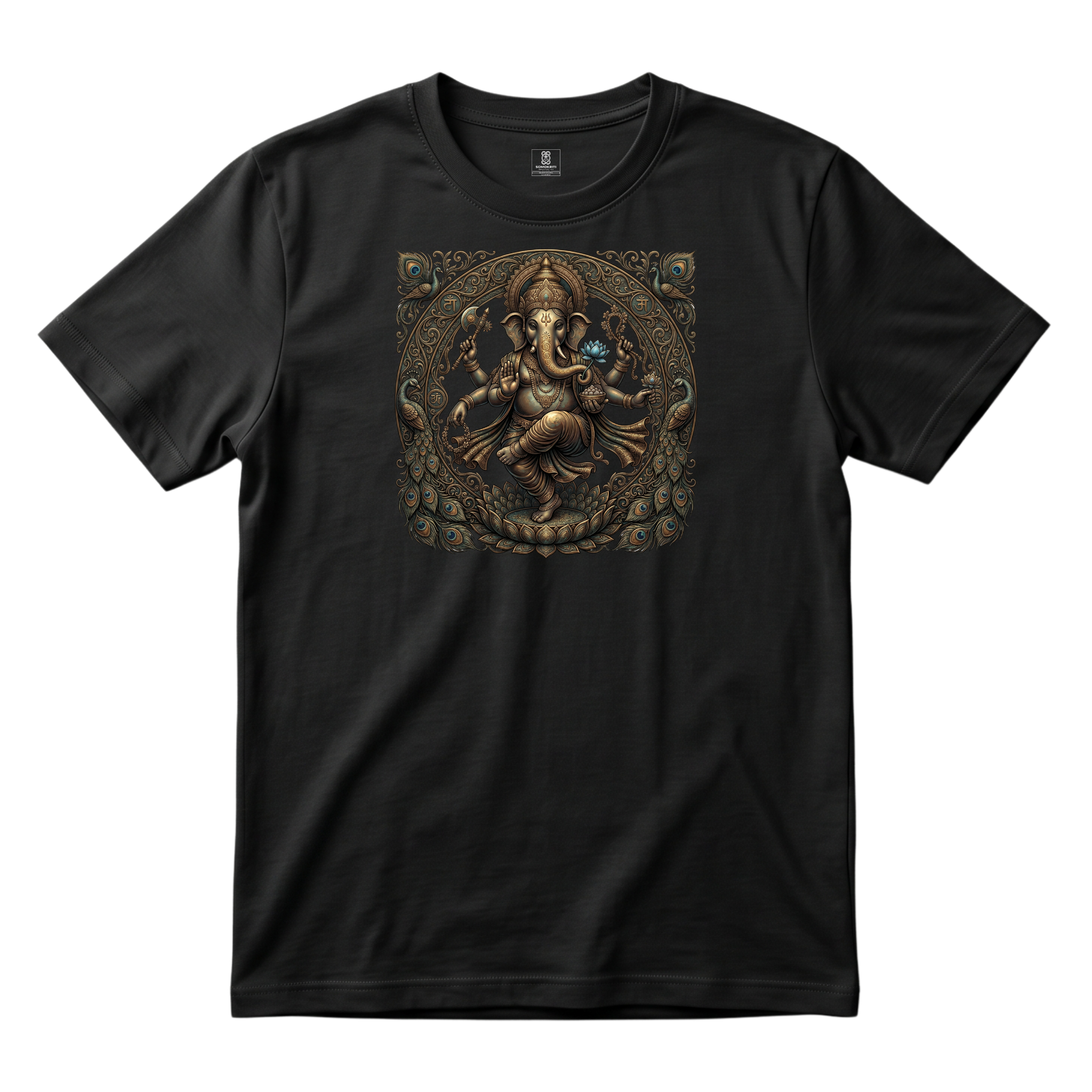 Somokriti Unisex Premium Cotton Printed T-Shirt - The Eternal Ganesha | Dancing Vinayaka Antique Filigree | Regular Fit, Half Sleeve, Round Neck