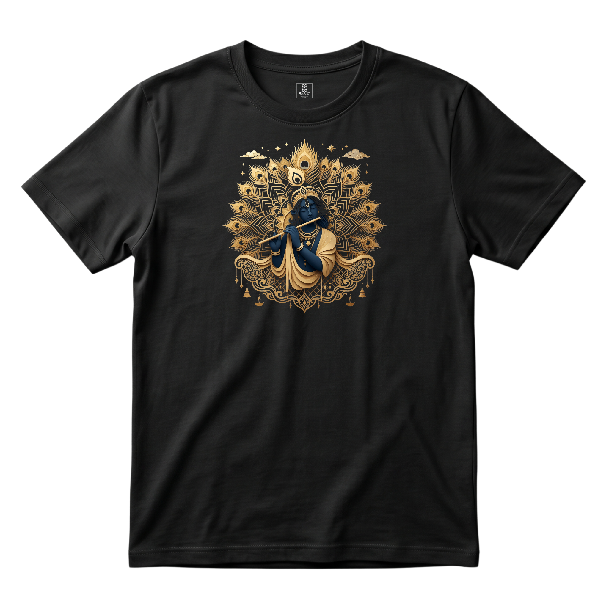 Somokriti Unisex Premium Cotton Printed T-Shirt - The Divine Melody | Golden Krishna & Peacock Aura | Regular Fit, Half Sleeve, Round Neck
