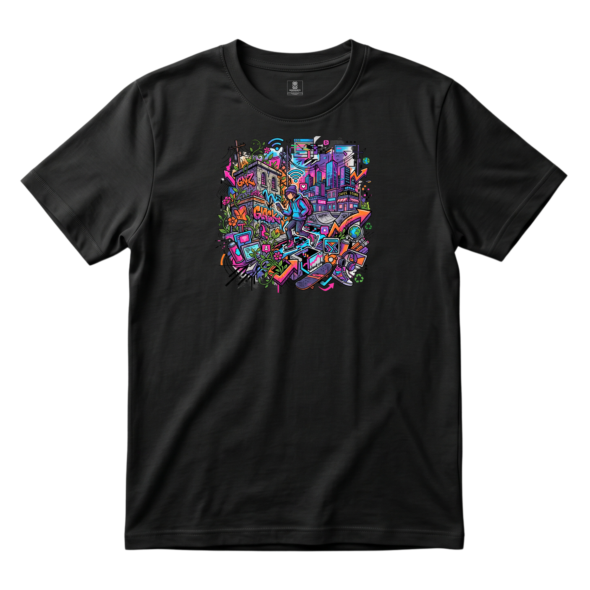 Somokriti Unisex Premium Cotton Printed T-Shirt - The Cyber Street Graffiti | Regular Fit, Half Sleeve, Round Neck