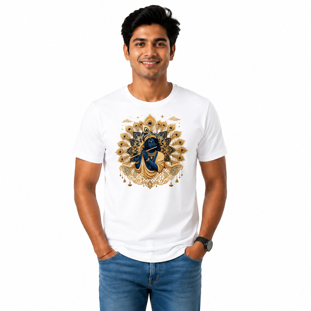 Somokriti Unisex Premium Cotton Printed T-Shirt - The Divine Melody | Golden Krishna & Peacock Aura | Regular Fit, Half Sleeve, Round Neck