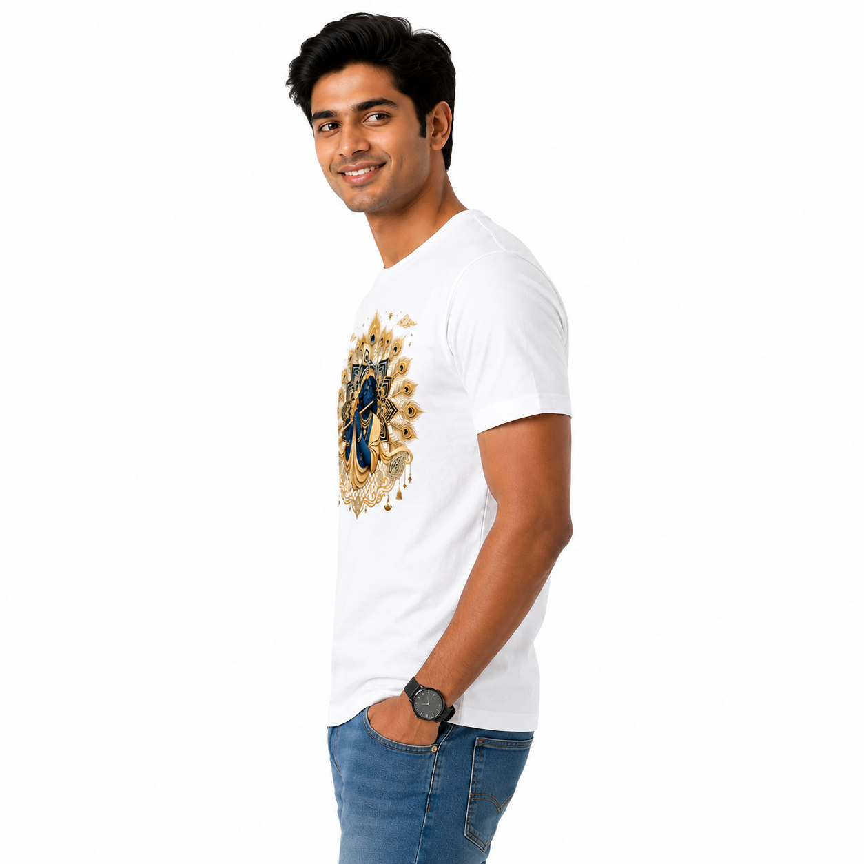 Somokriti Unisex Premium Cotton Printed T-Shirt - The Divine Melody | Golden Krishna & Peacock Aura | Regular Fit, Half Sleeve, Round Neck