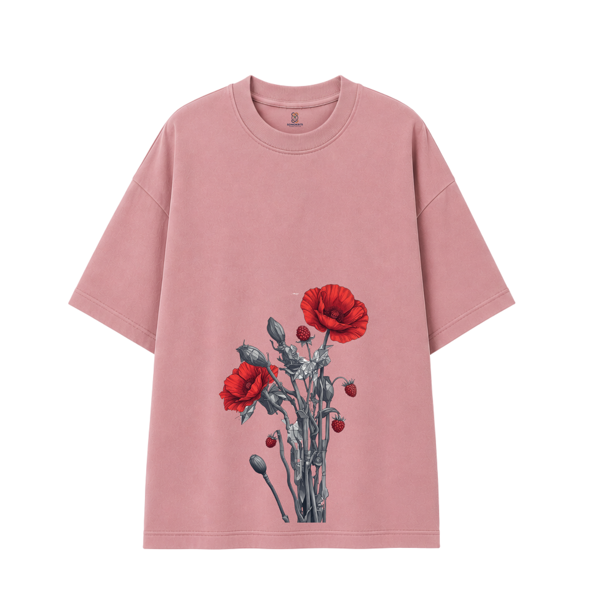 Somokriti Premium Cotton Printed T-Shirt - Crimson Bloom | Oversized Fit, Half Sleeve, Round Neck | Unisex