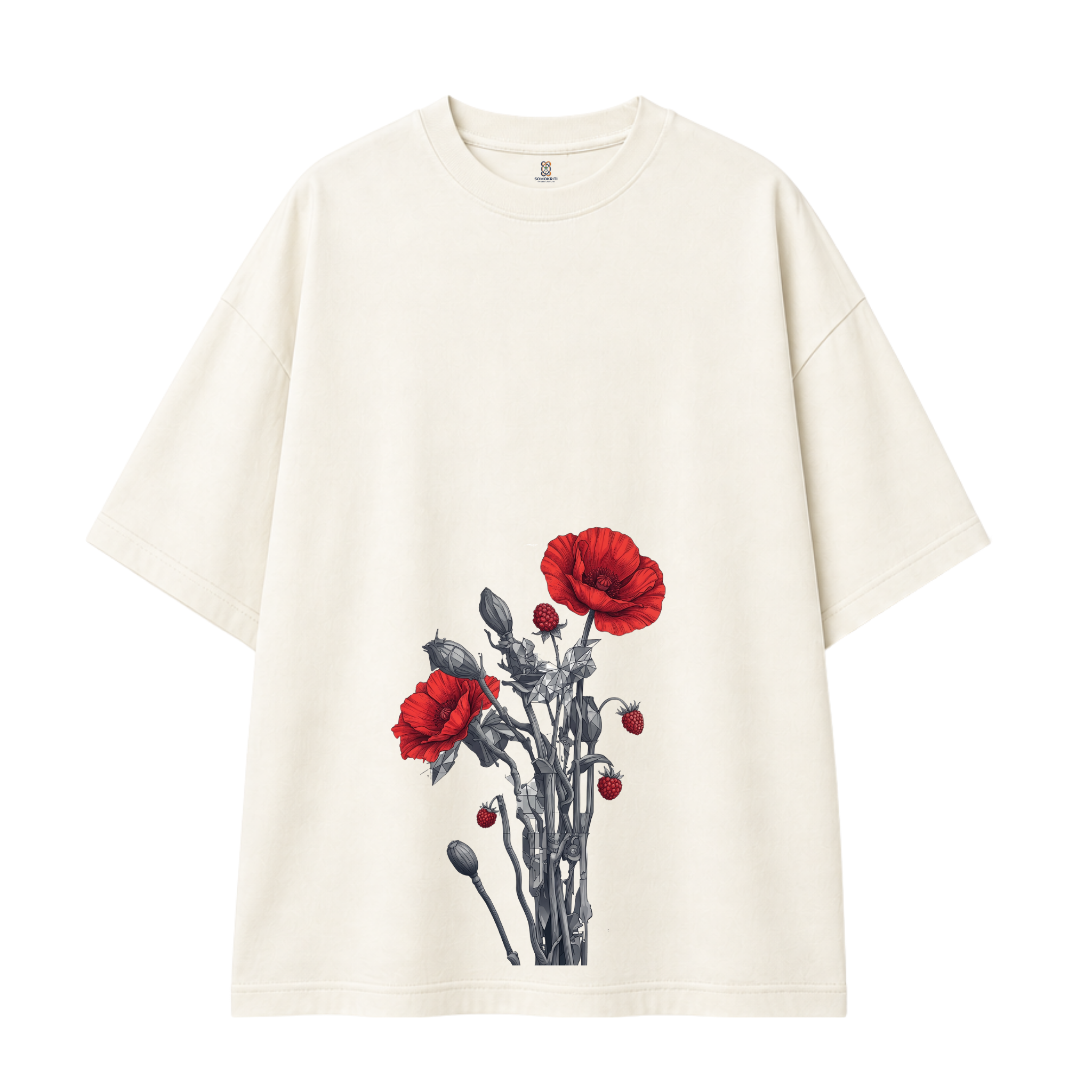 Somokriti Premium Cotton Printed T-Shirt - Crimson Bloom | Oversized Fit, Half Sleeve, Round Neck | Unisex