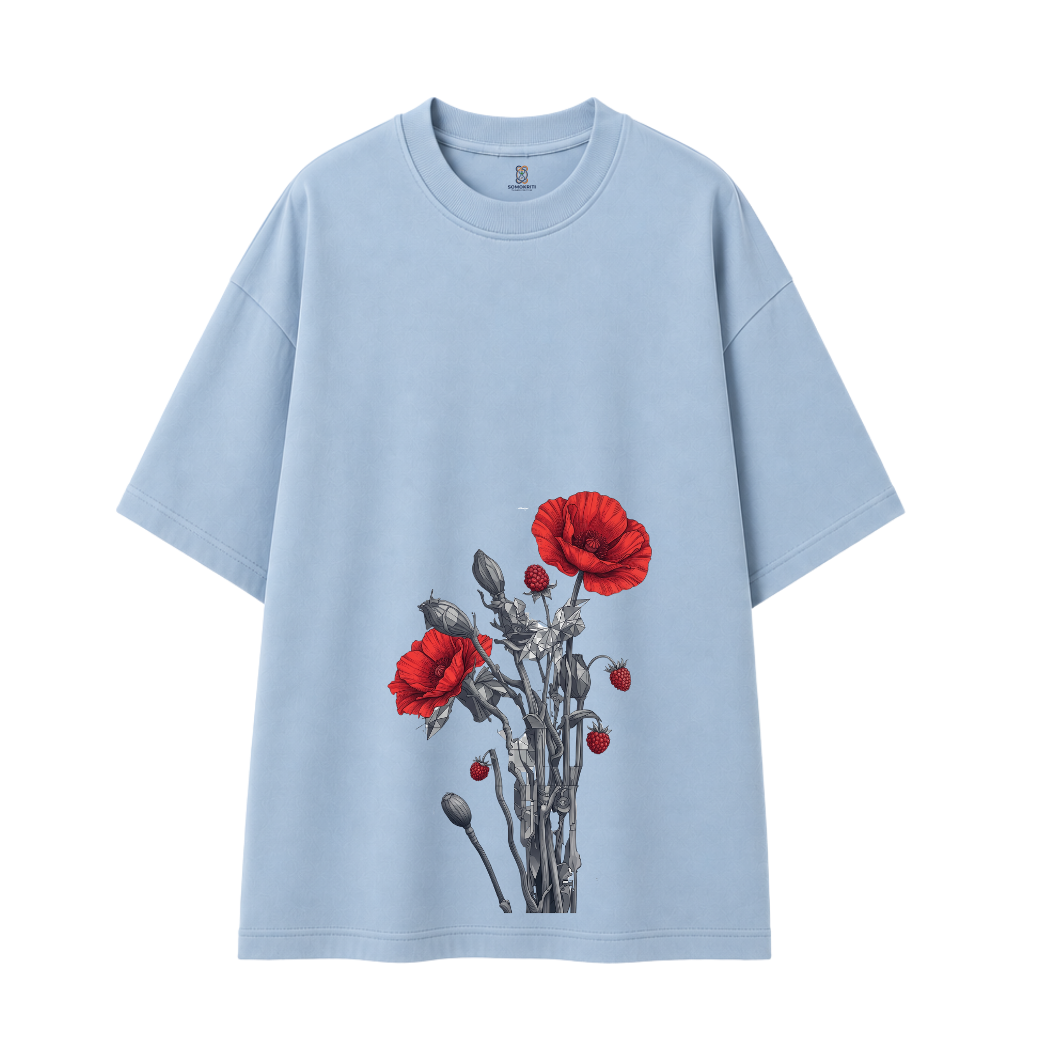 Somokriti Premium Cotton Printed T-Shirt - Crimson Bloom | Oversized Fit, Half Sleeve, Round Neck | Unisex