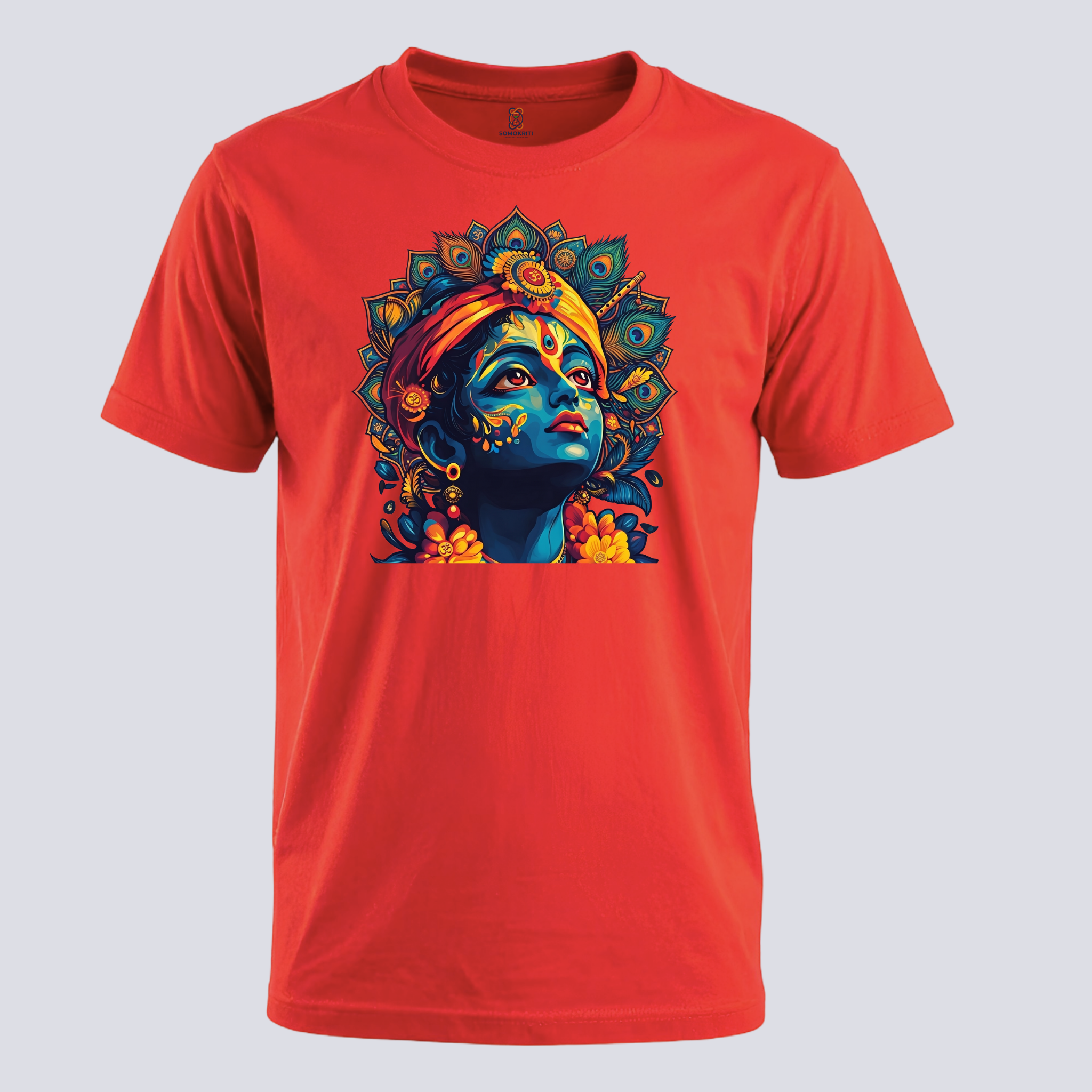 Somokriti Unisex Premium Cotton Printed T-Shirt - The Eternal Charm | Bal Krishna Peacock Mandala | Regular Fit, Half Sleeve, Round Neck