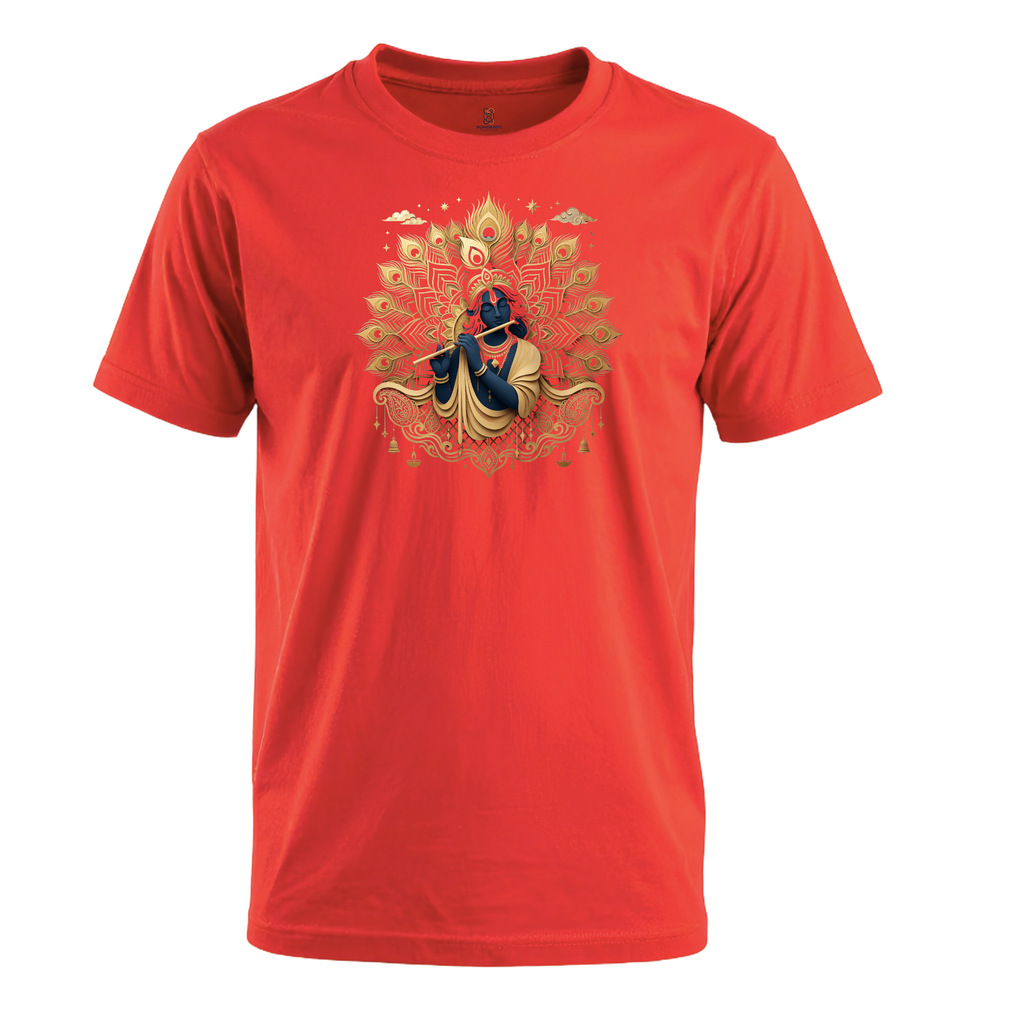 Somokriti Unisex Premium Cotton Printed T-Shirt - The Divine Melody | Golden Krishna & Peacock Aura | Regular Fit, Half Sleeve, Round Neck