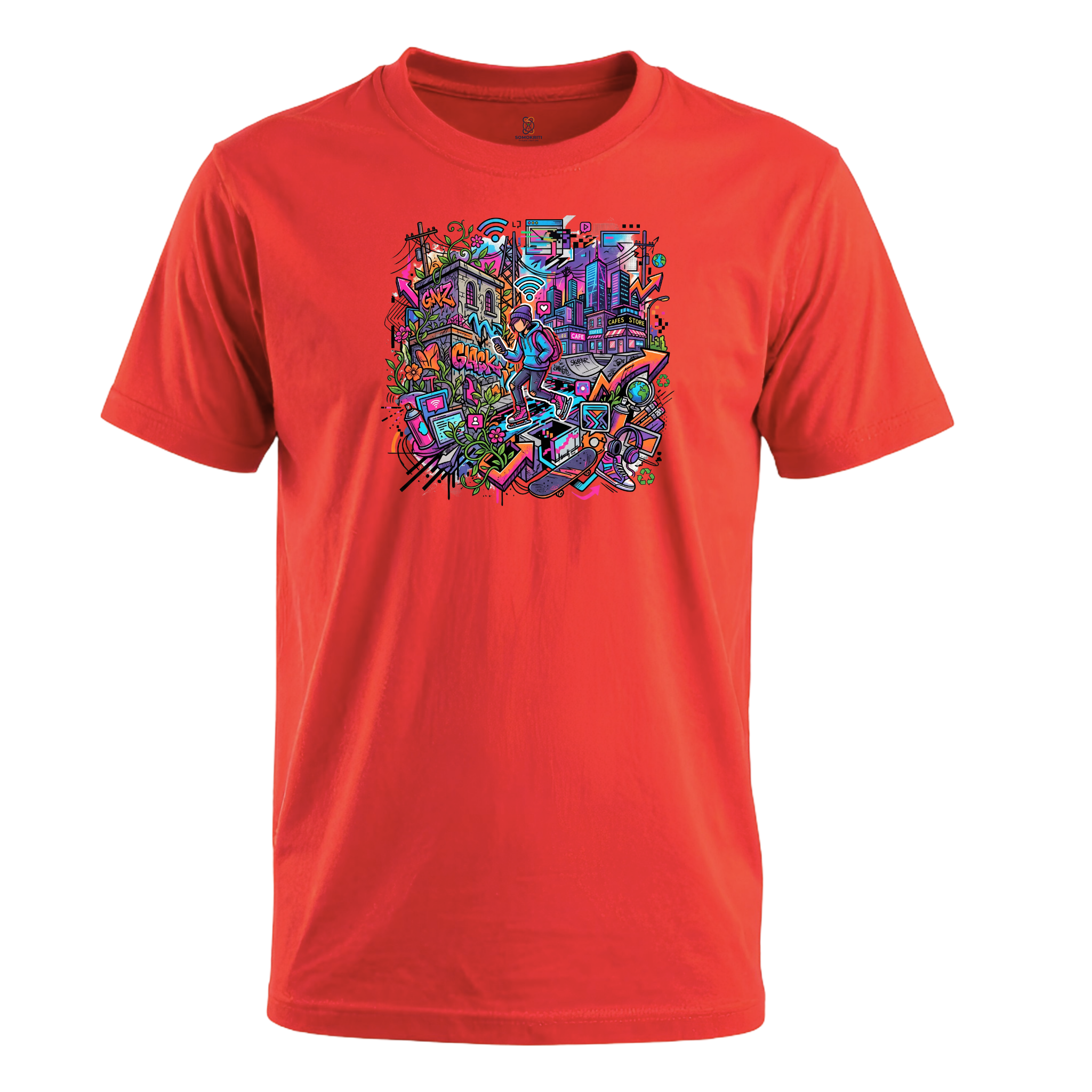 Somokriti Unisex Premium Cotton Printed T-Shirt - The Cyber Street Graffiti | Regular Fit, Half Sleeve, Round Neck