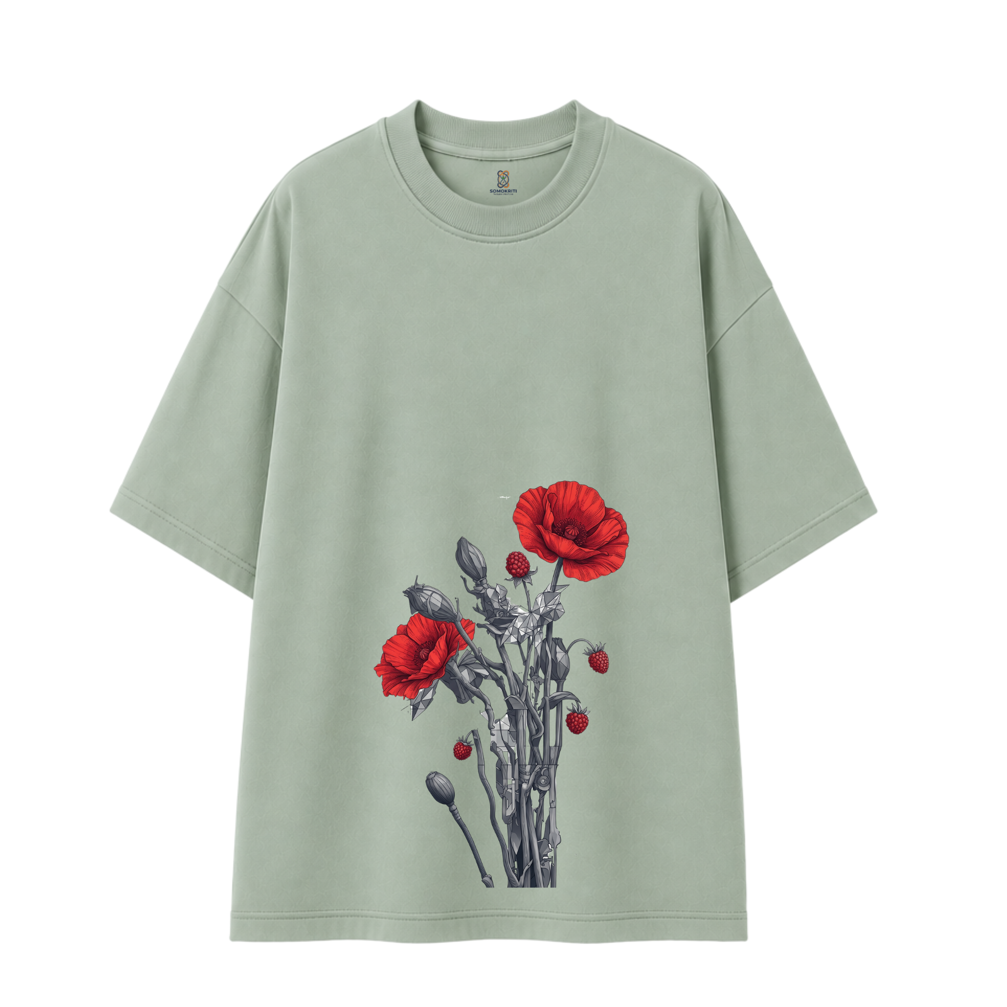 Somokriti Premium Cotton Printed T-Shirt - Crimson Bloom | Oversized Fit, Half Sleeve, Round Neck | Unisex