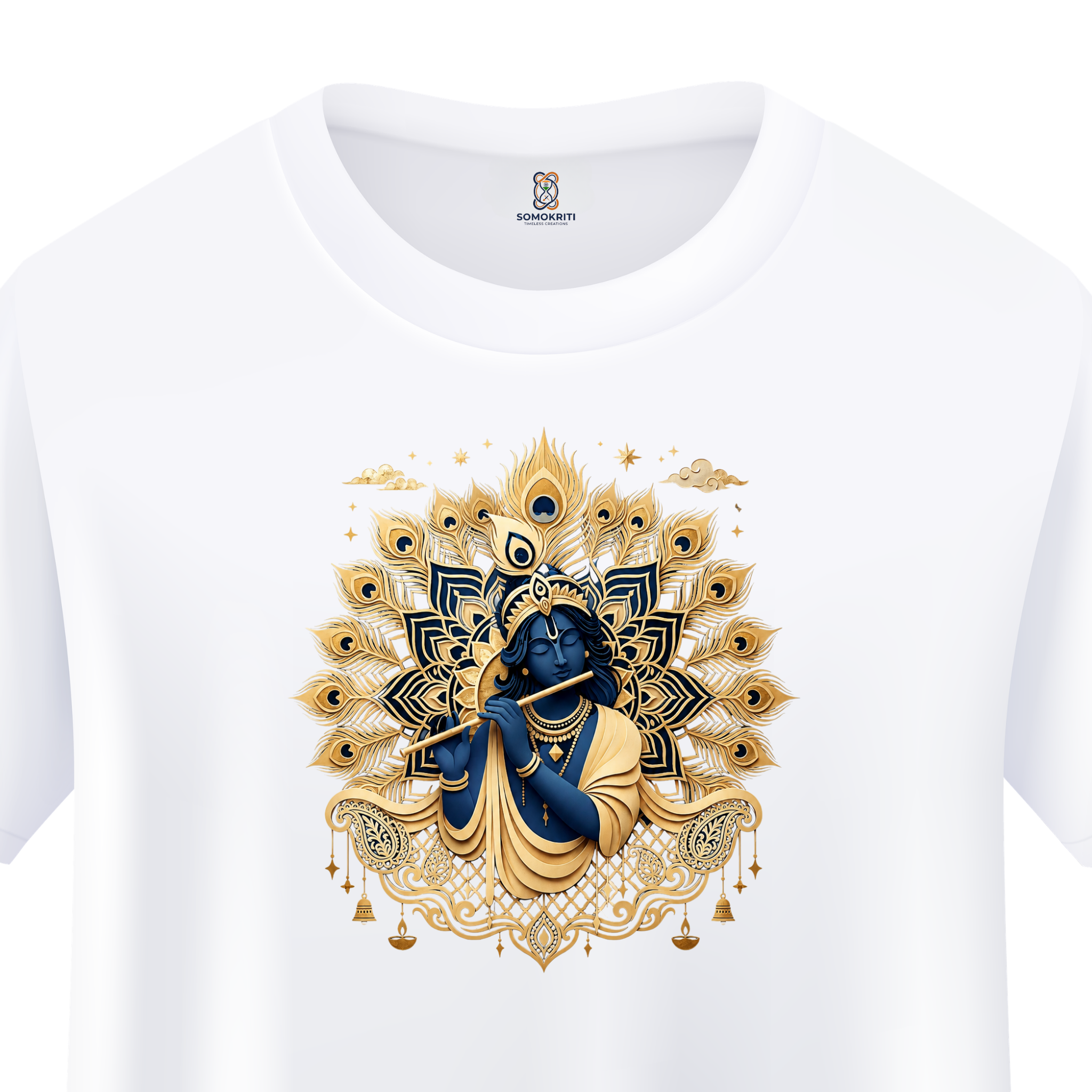 Somokriti Unisex Premium Cotton Printed T-Shirt - The Divine Melody | Golden Krishna & Peacock Aura | Regular Fit, Half Sleeve, Round Neck