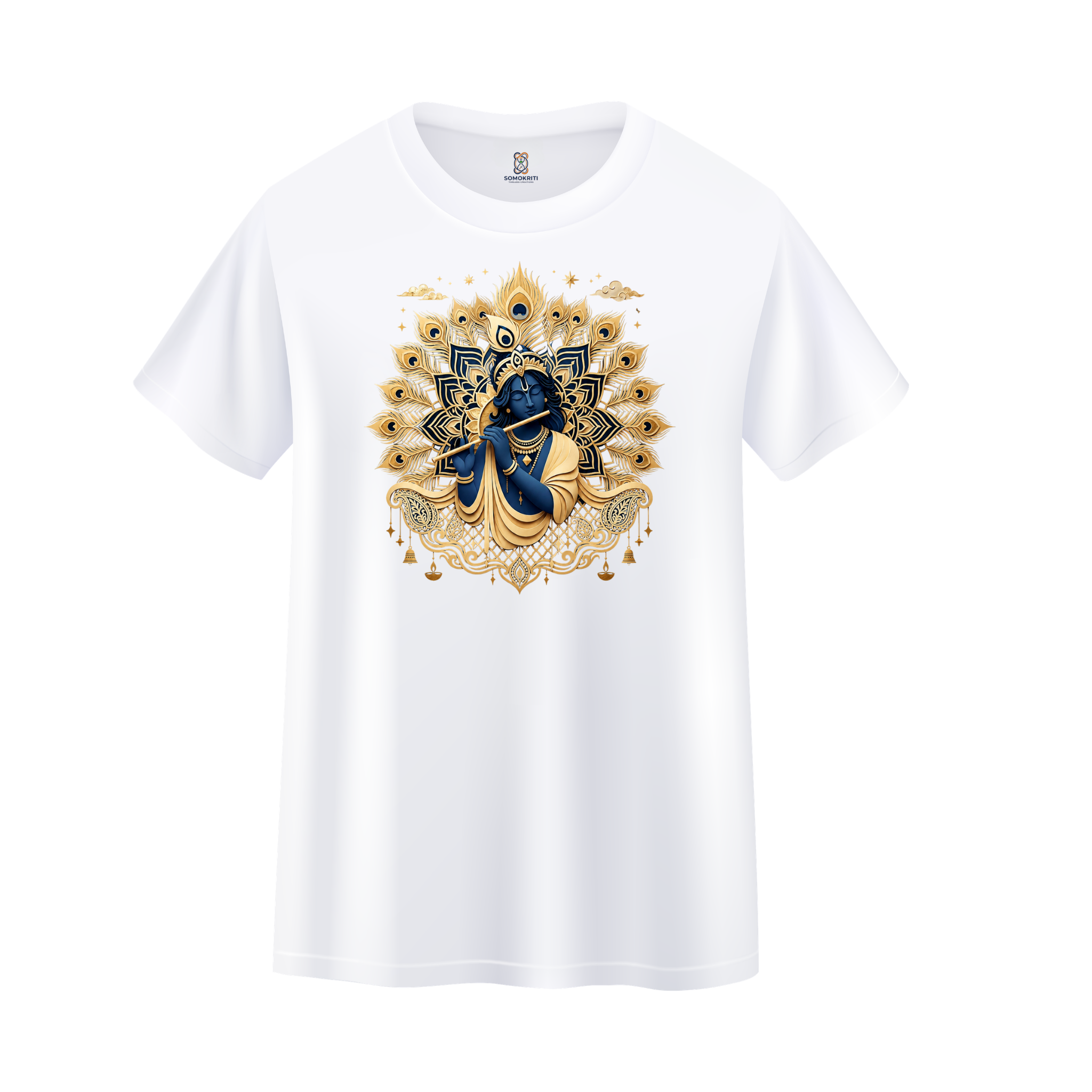 Somokriti Unisex Premium Cotton Printed T-Shirt - The Divine Melody | Golden Krishna & Peacock Aura | Regular Fit, Half Sleeve, Round Neck