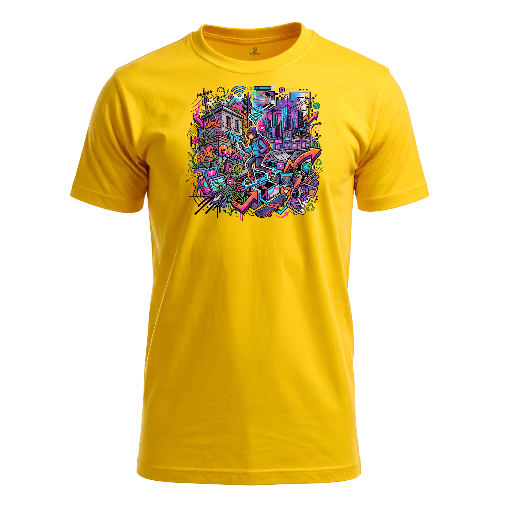 Somokriti Unisex Premium Cotton Printed T-Shirt - The Cyber Street Graffiti | Regular Fit, Half Sleeve, Round Neck
