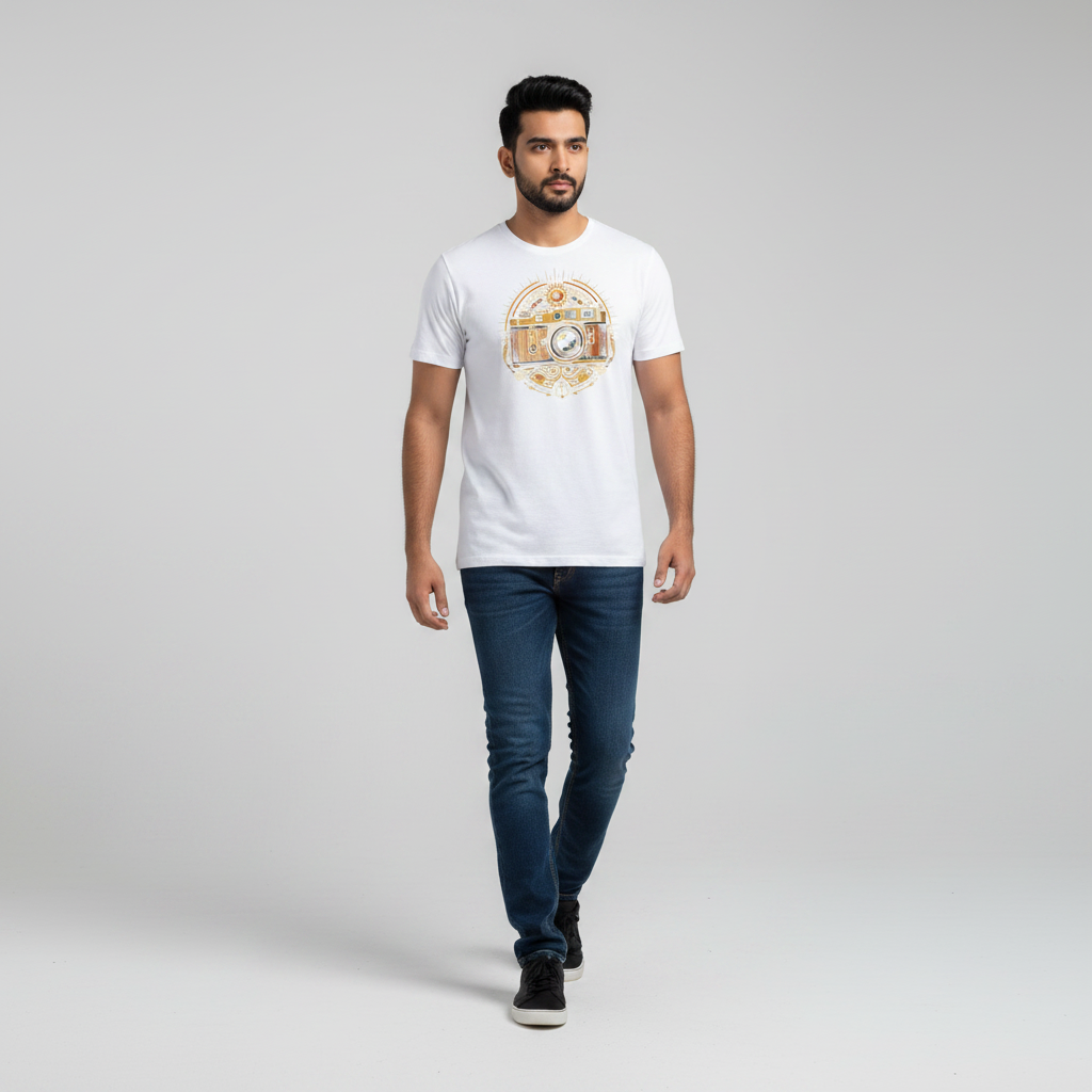Somokriti Unisex Premium Cotton Printed T-Shirt - The Golden Lens Vintage Camera | Regular Fit, Half Sleeve, Round Neck