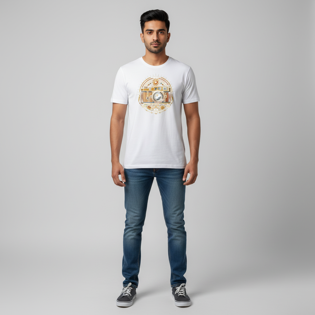 Somokriti Unisex Premium Cotton Printed T-Shirt - The Golden Lens Vintage Camera | Regular Fit, Half Sleeve, Round Neck